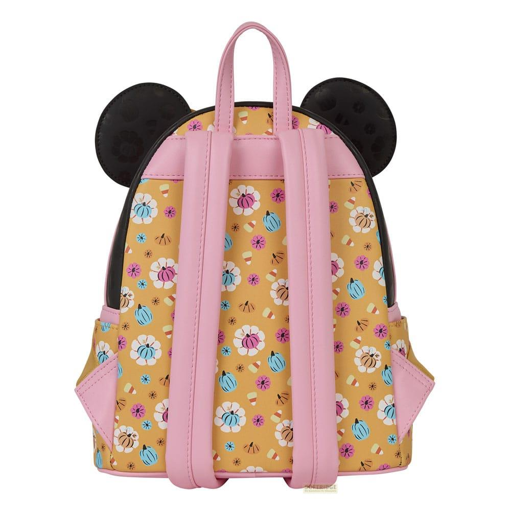 Mochila con orejas de Mickey Mouse, amarilla con estampado floral y de calabaza, tirantes rosas.