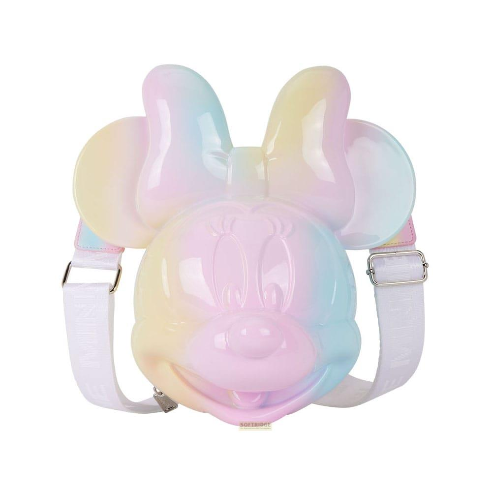 Una mochila con forma de Minnie Mouse perlada con colores arcoíris y correas blancas.