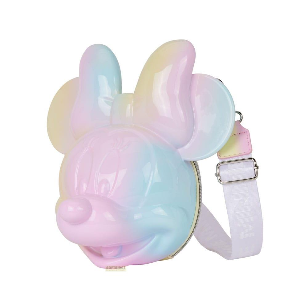 Bolso cruzado pastel arcoíris Minnie Mouse con correa blanca.
