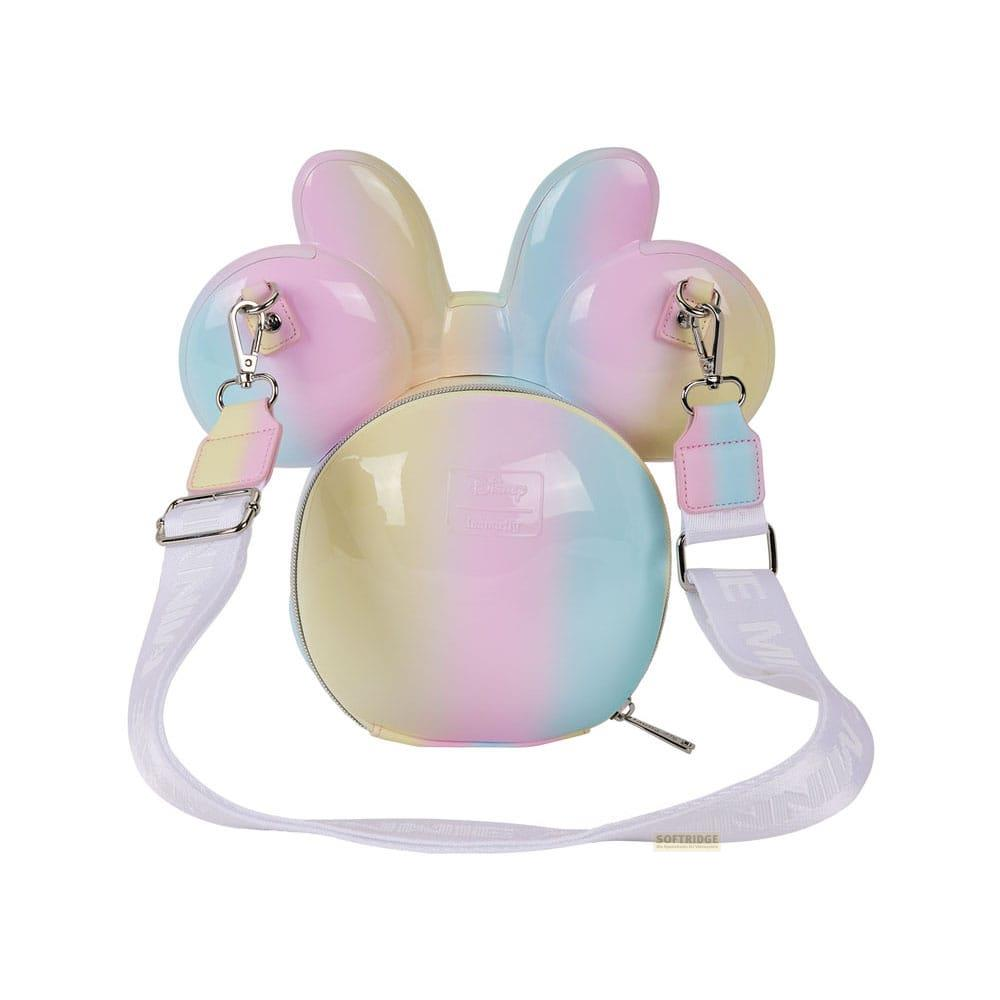 Bolso redondo estilo Minnie Mouse en colores pastel, con lazo y correa blanca.