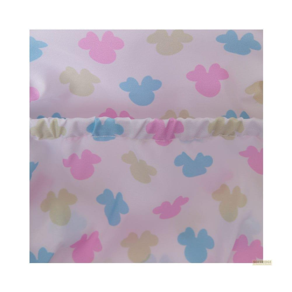 Tela blanca con formas coloridas de Mickey Mouse en rosa, azul y amarillo.