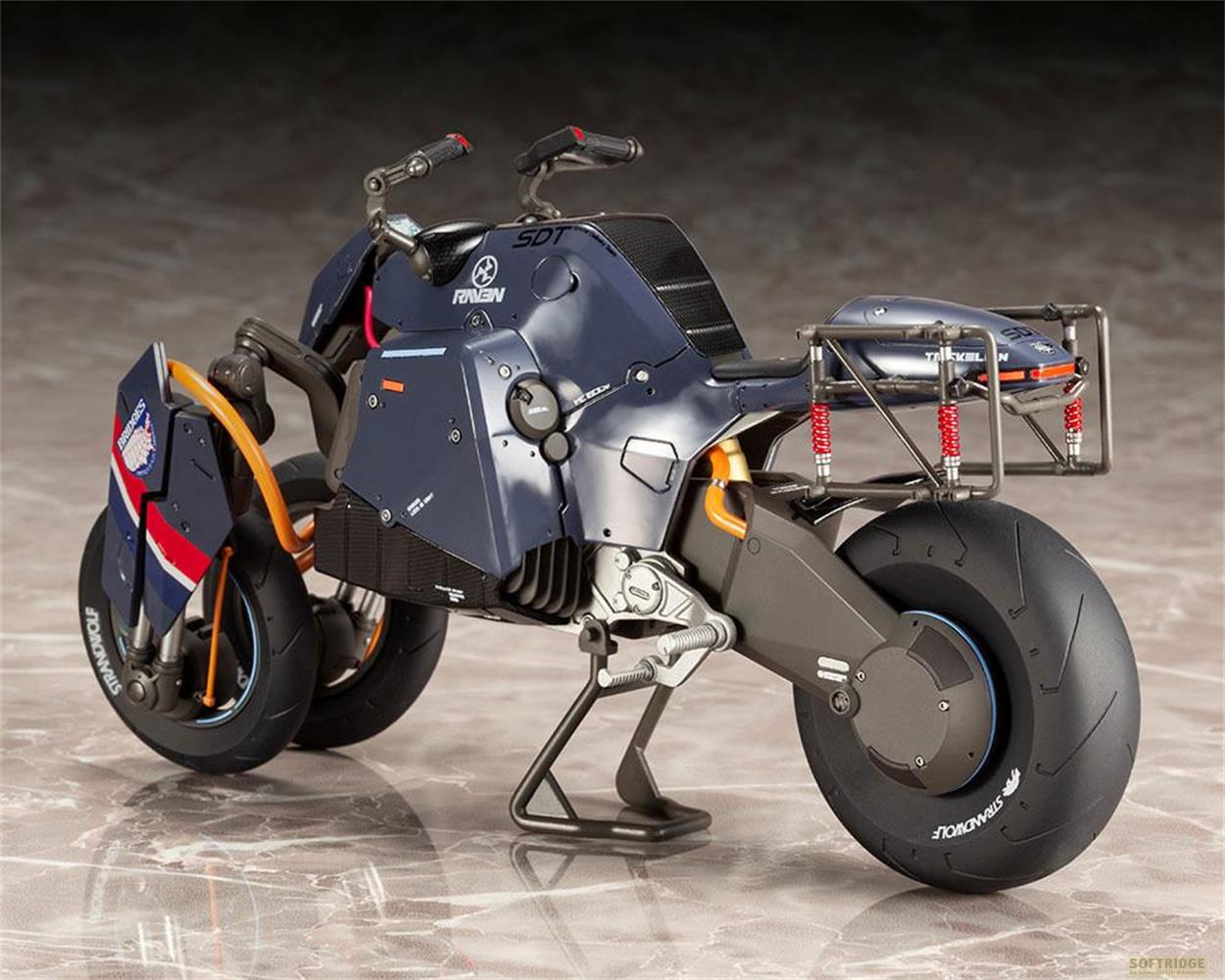 Une moto futuriste bleu foncé avec des accents orange est sur une béquille.