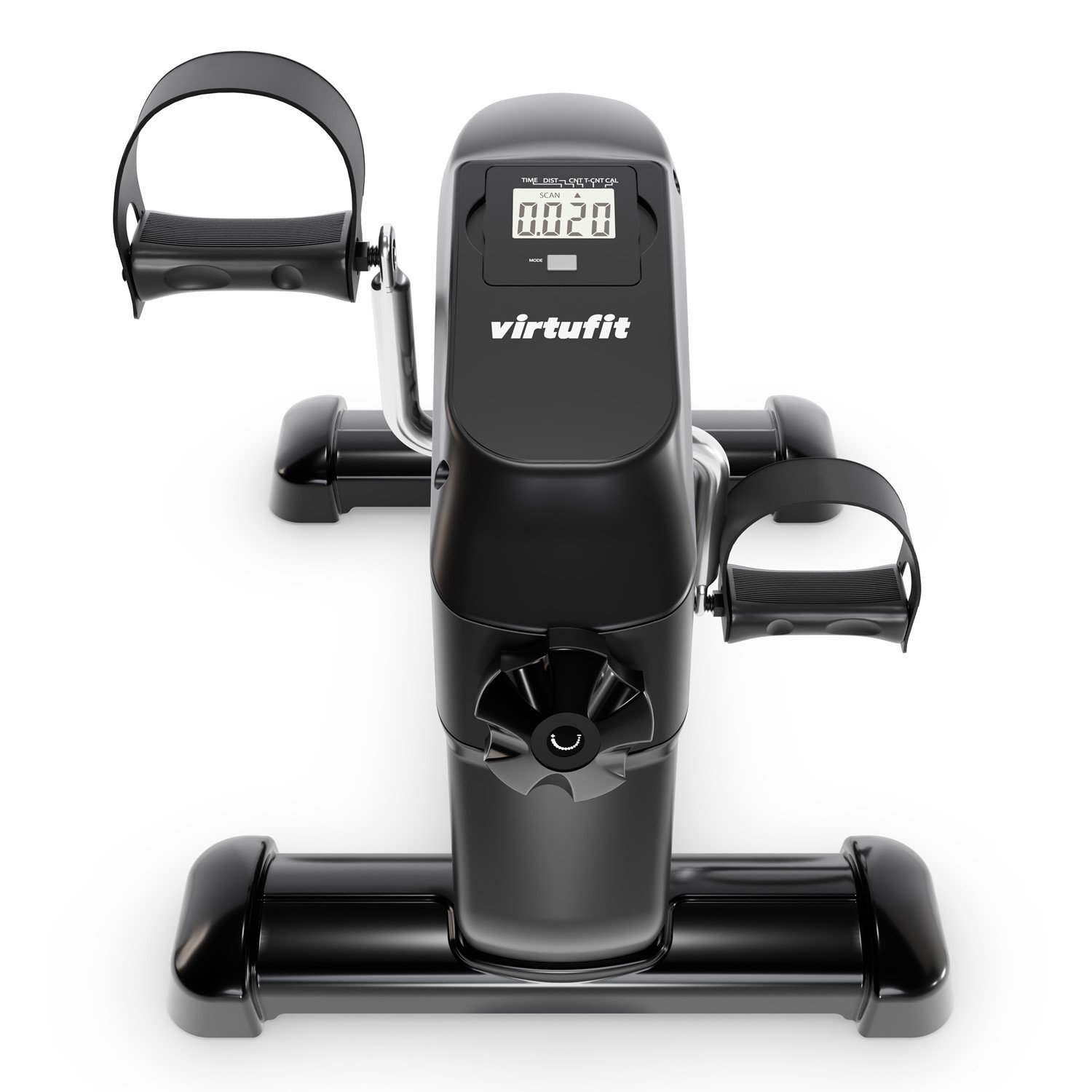 Schwarzer Virtufit Mini-Heimtrainer mit Display und Pedalen auf weißem Hintergrund.
