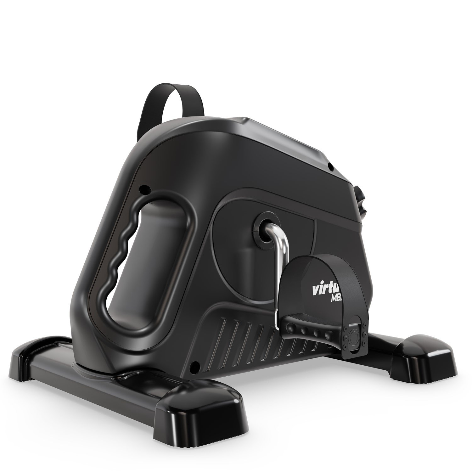 Ein schwarzes, kompaktes Heimtrainerpedal mit silbernem Arm und weißem Schriftzug.