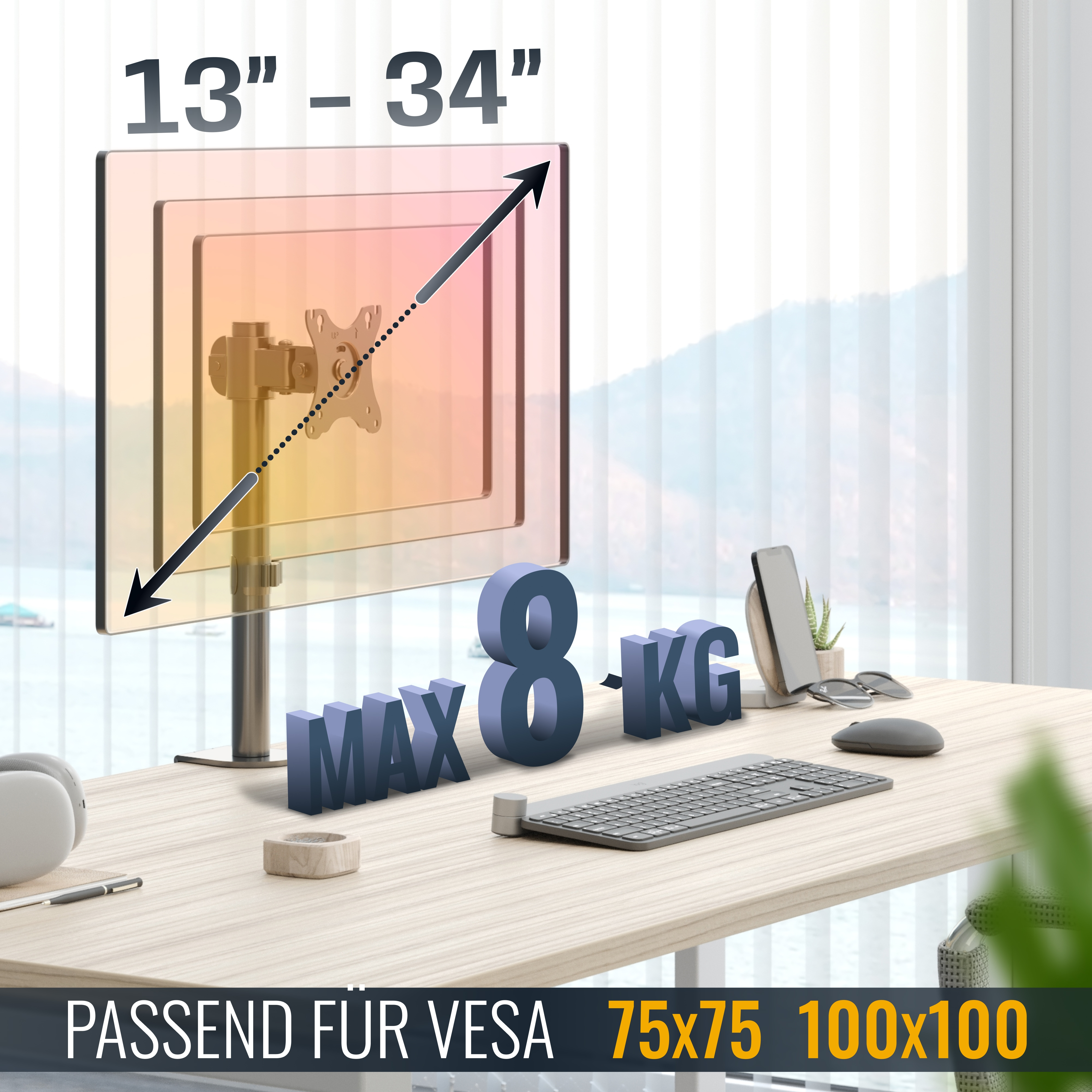 Monitorhalterung für 13-34 Zoll Bildschirme, max. 8kg, VESA 75x75/100x100.