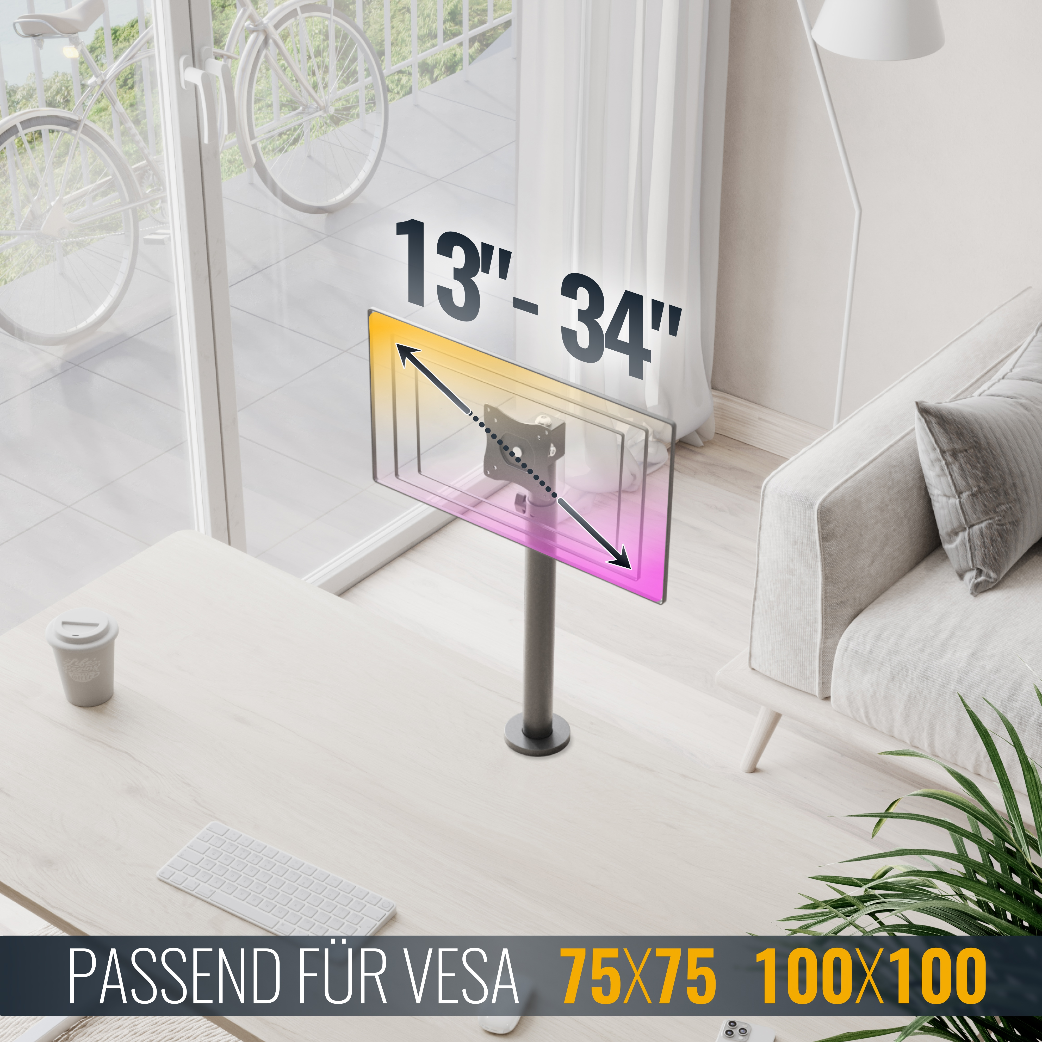 Ein Monitorständer passt für 13"-34" Bildschirme und VESA 75x75/100x100.