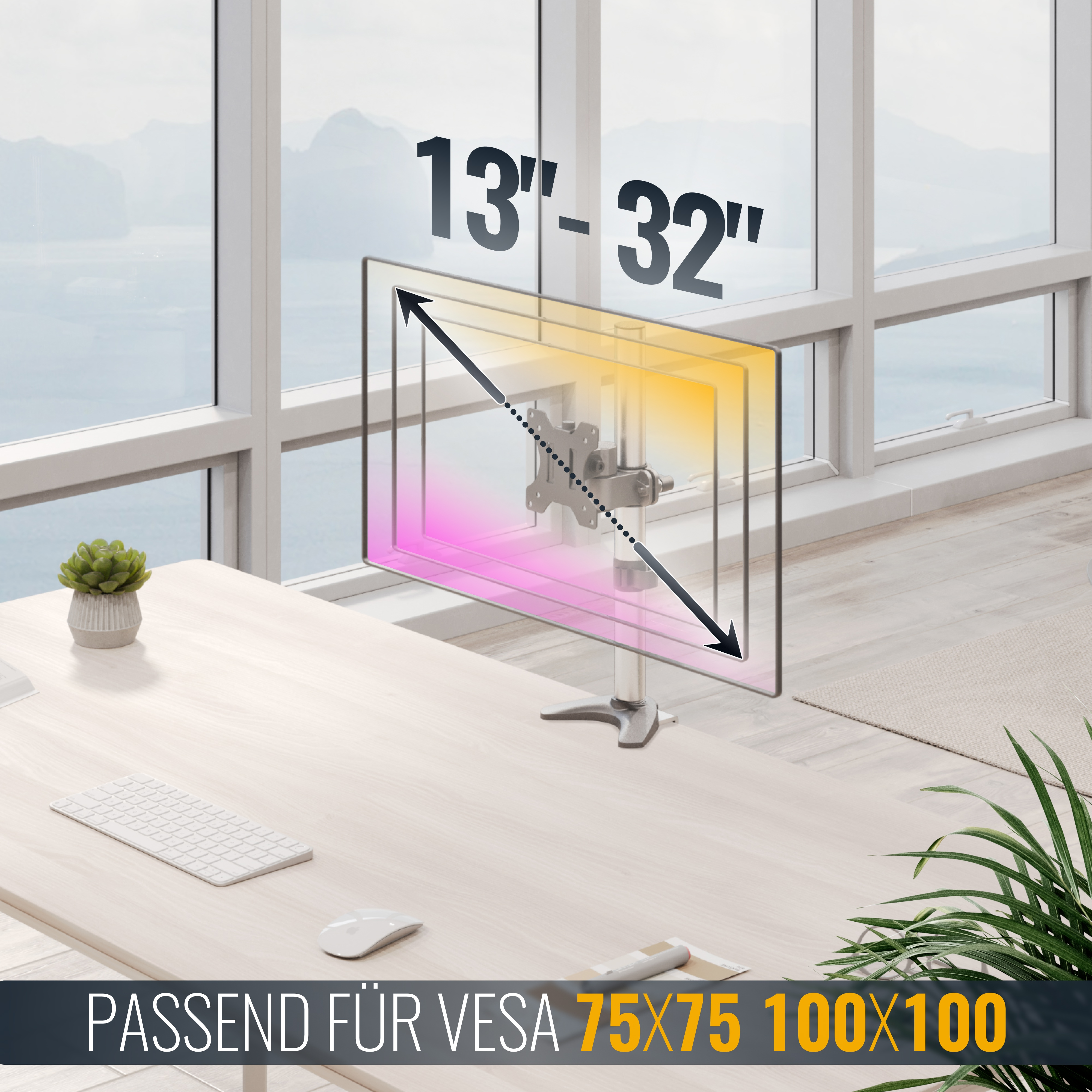 Monitorarm für 13-32 Zoll Bildschirme, VESA 75x75 100x100. Auf einem Schreibtisch.