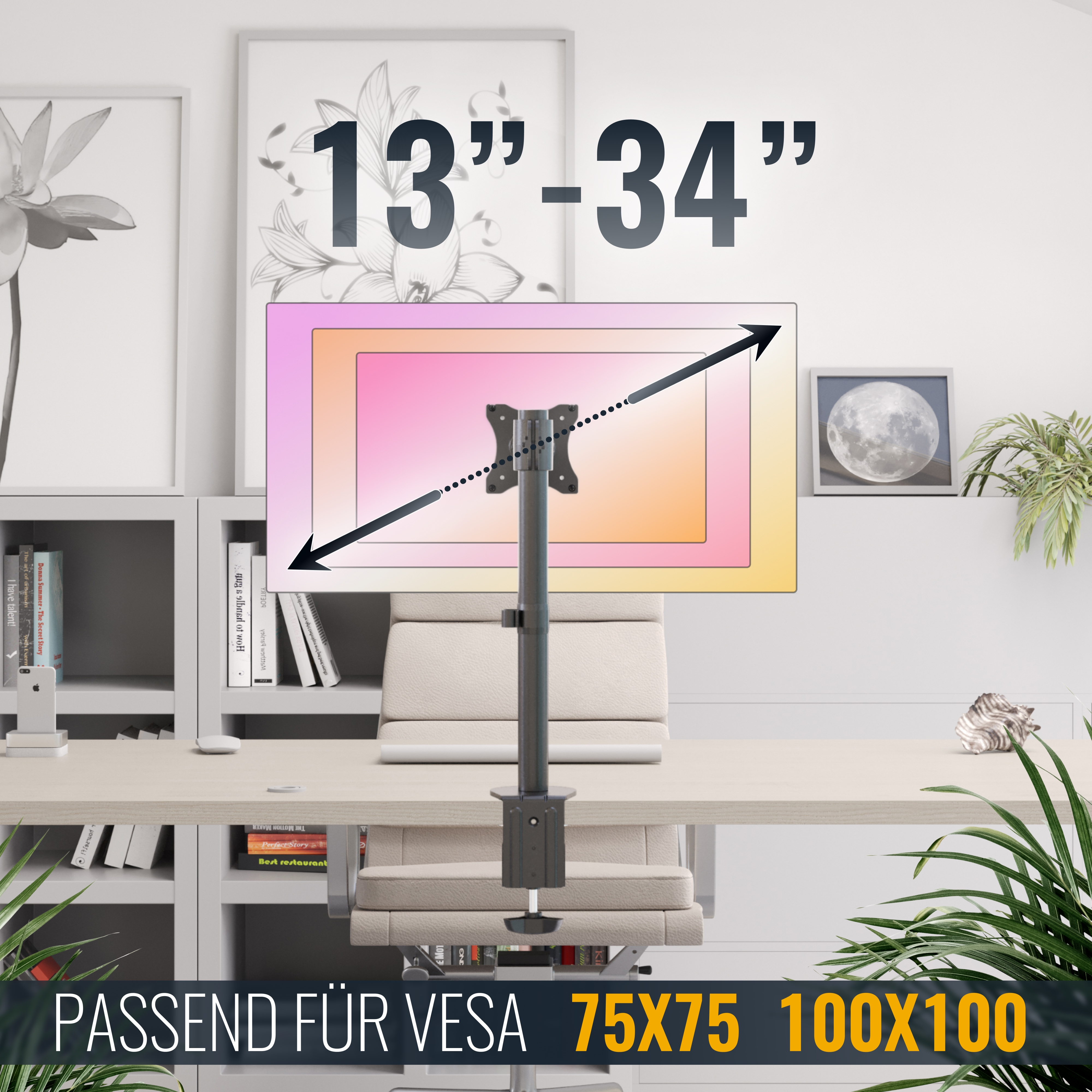 Ein Monitorarm für Bildschirme von 13-34 Zoll, VESA 75x75 und 100x100.