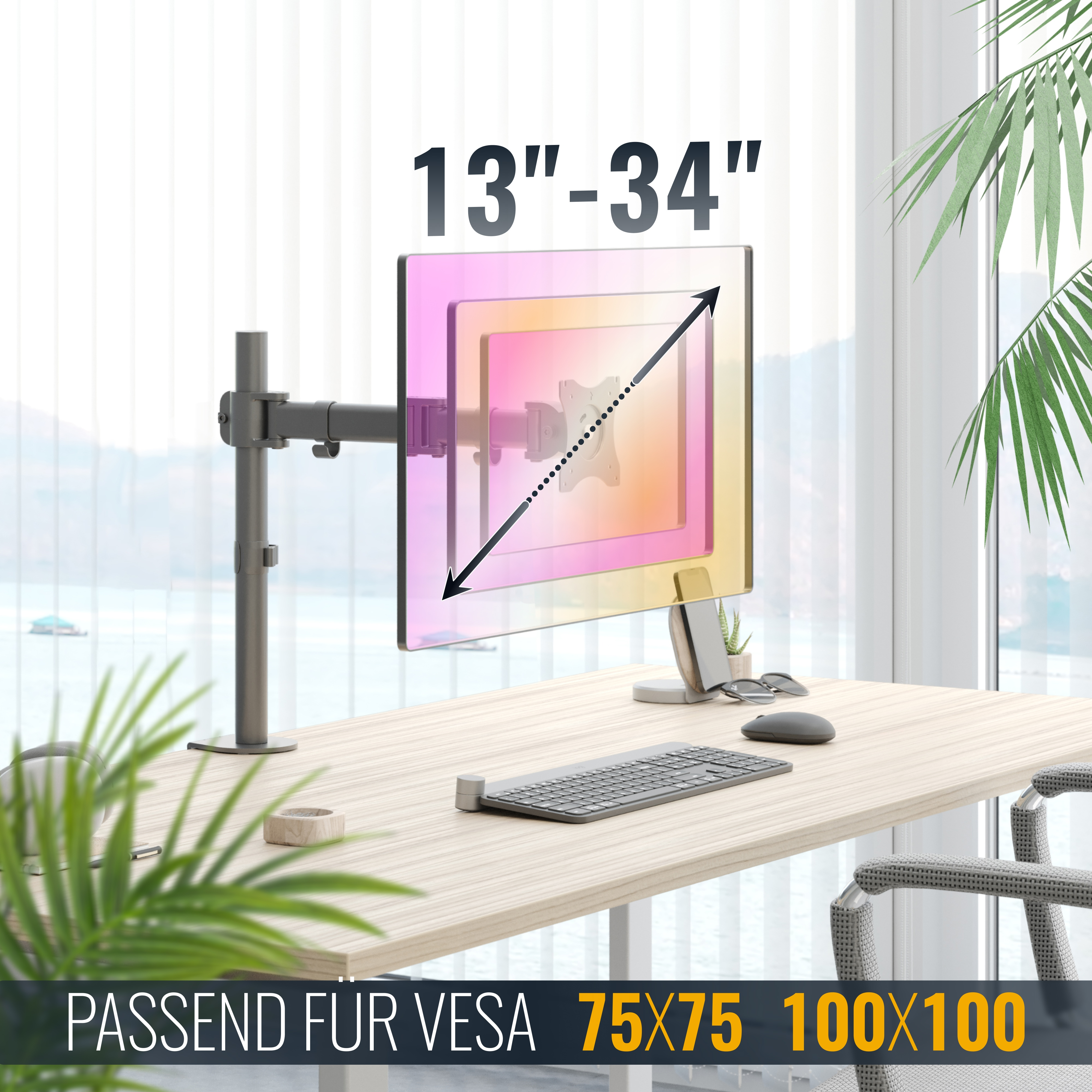 Ein Monitorarm hält einen Monitor über einem Schreibtisch mit Tastatur und Maus.