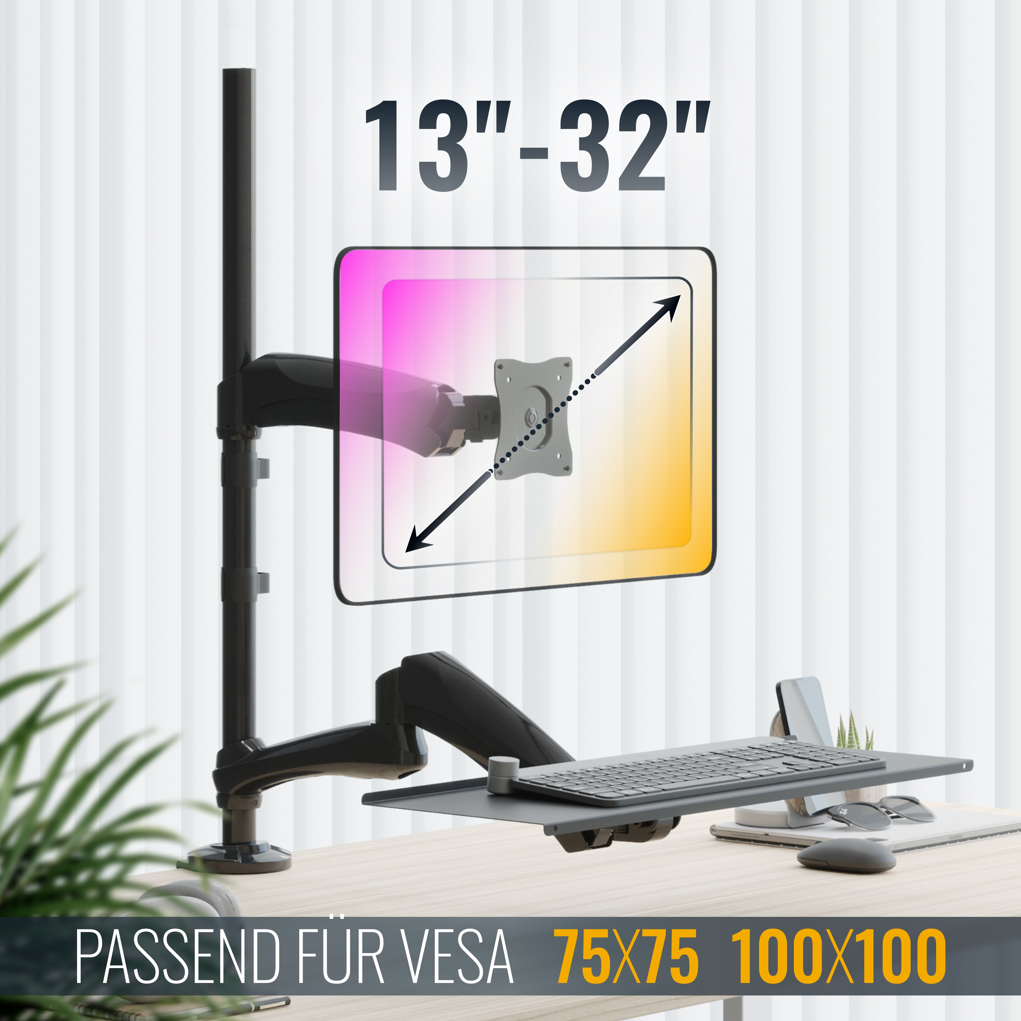 Schwarzer Monitorarm mit Tastaturablage, passend für 13-32 Zoll Monitore.