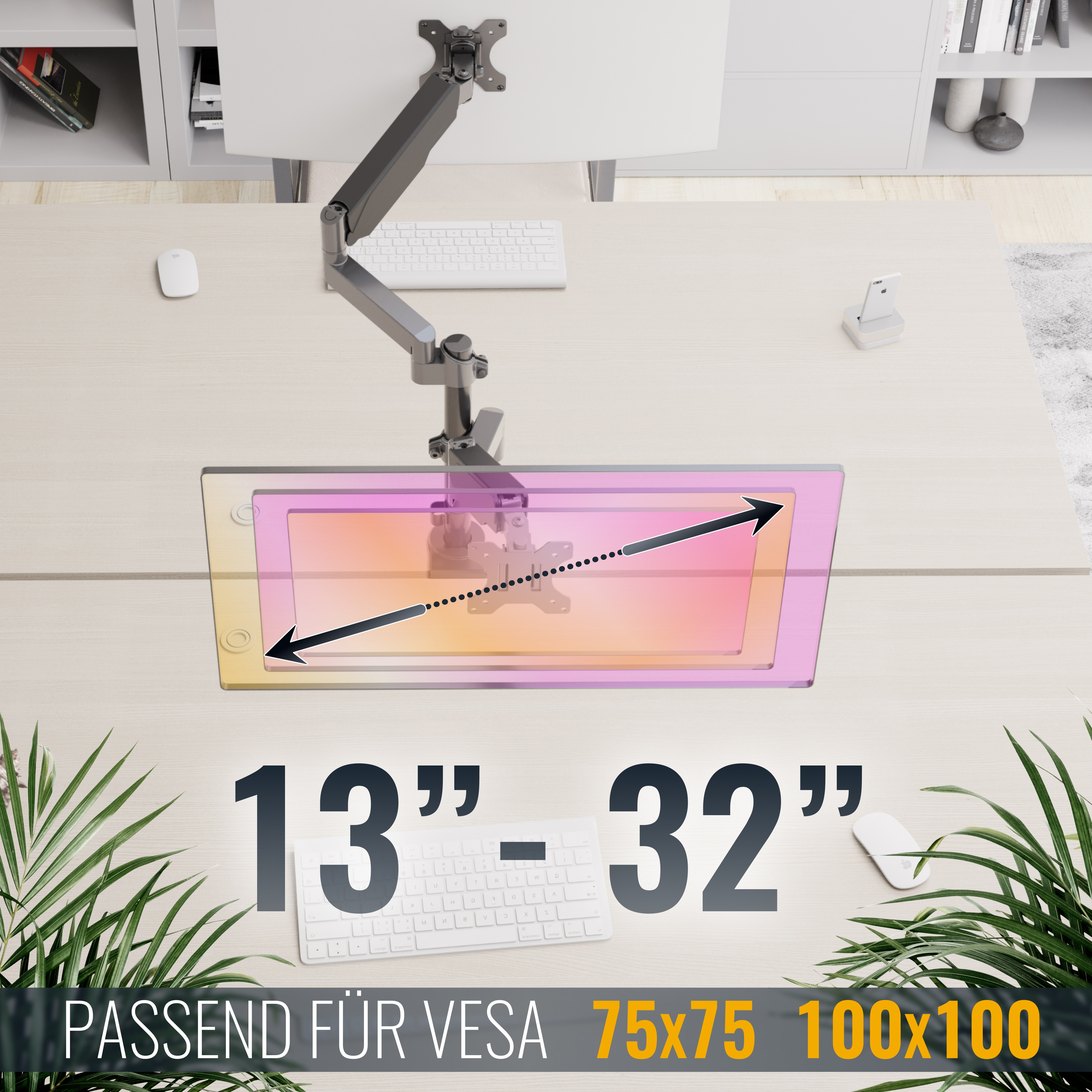Monitorarm mit Größenangabe 13-32 Zoll und VESA-Normen.