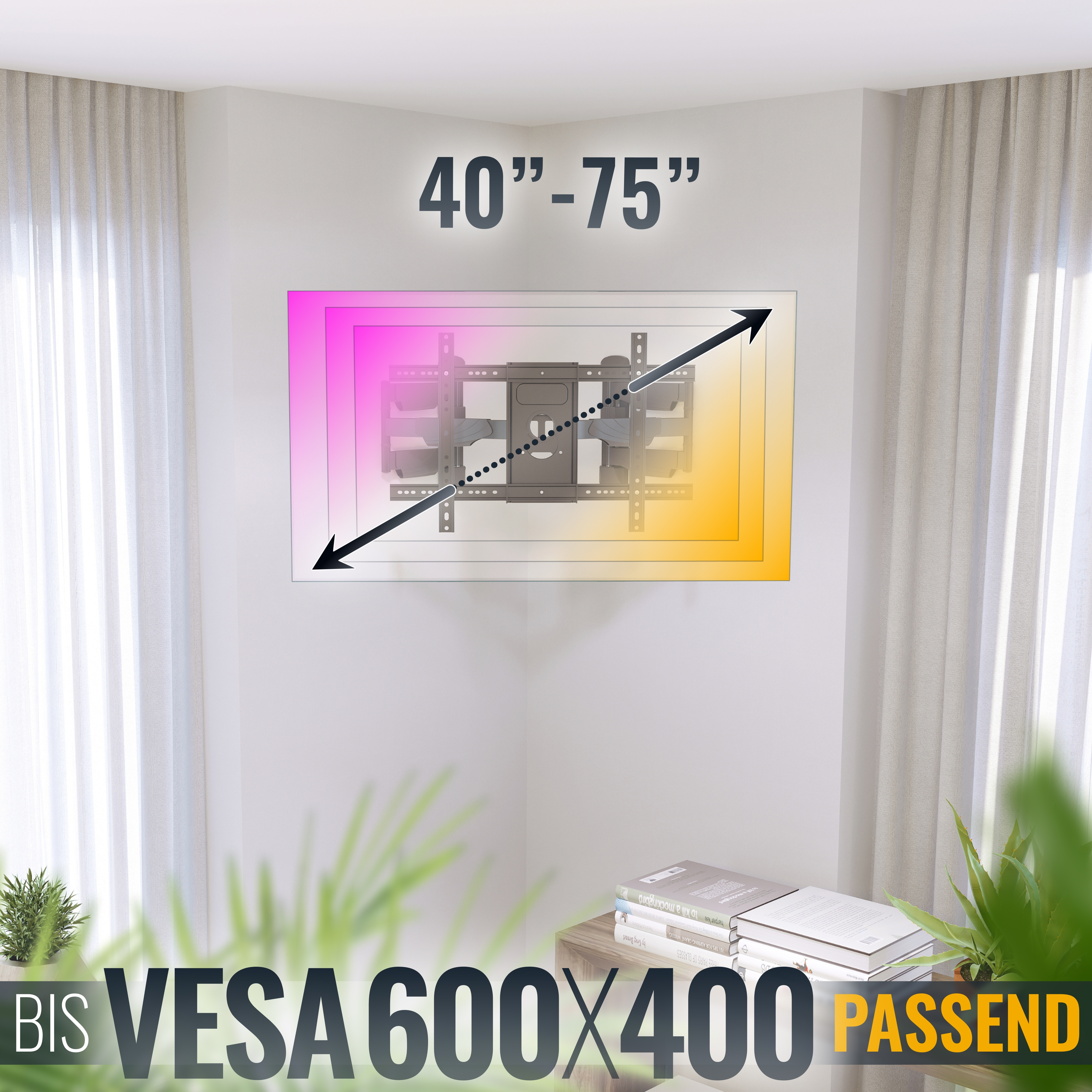 TV-Wandhalterung für 40-75 Zoll Bildschirme, VESA 600x400.