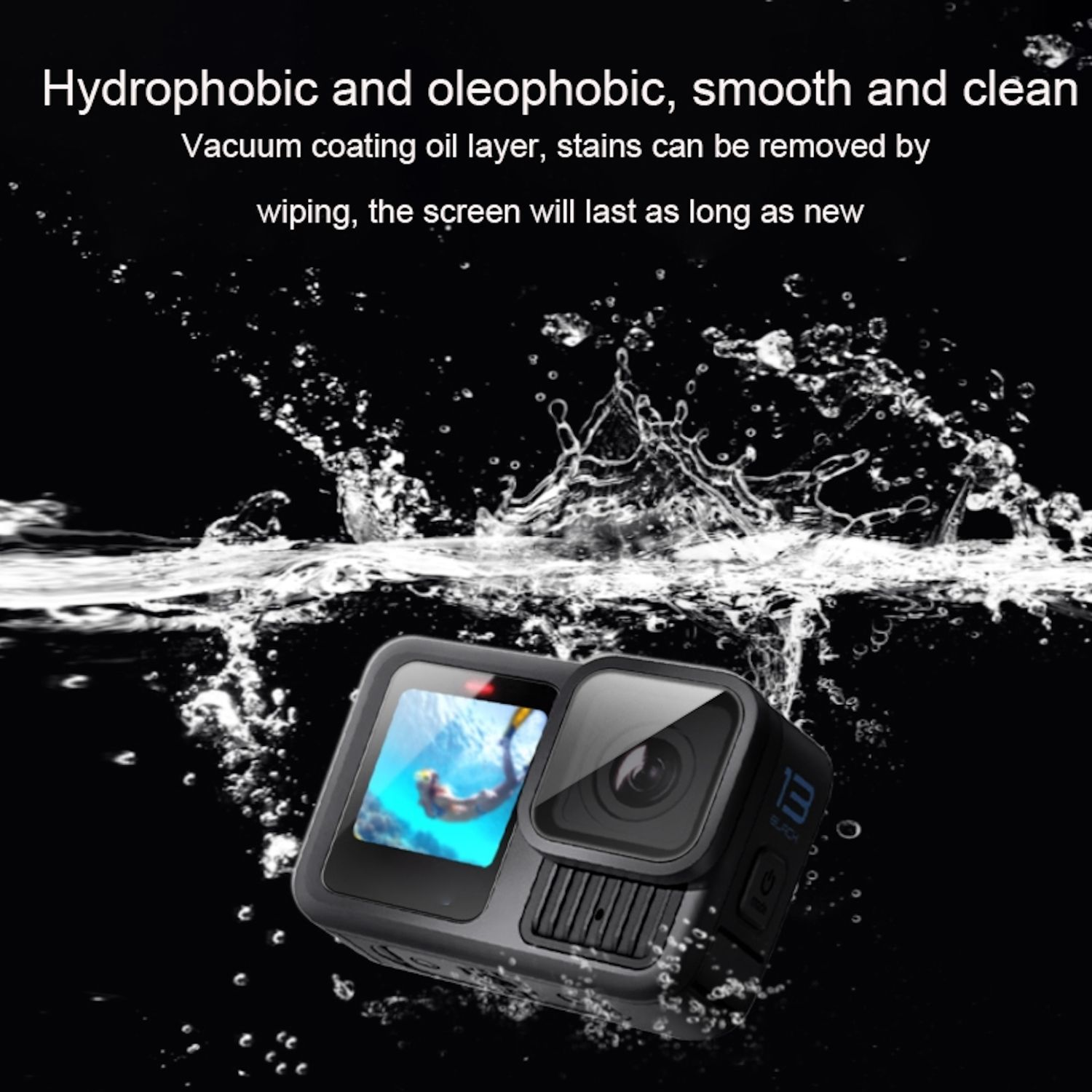 Eine schwarze Action-Kamera taucht in Wasser, mit Blasen und Text.