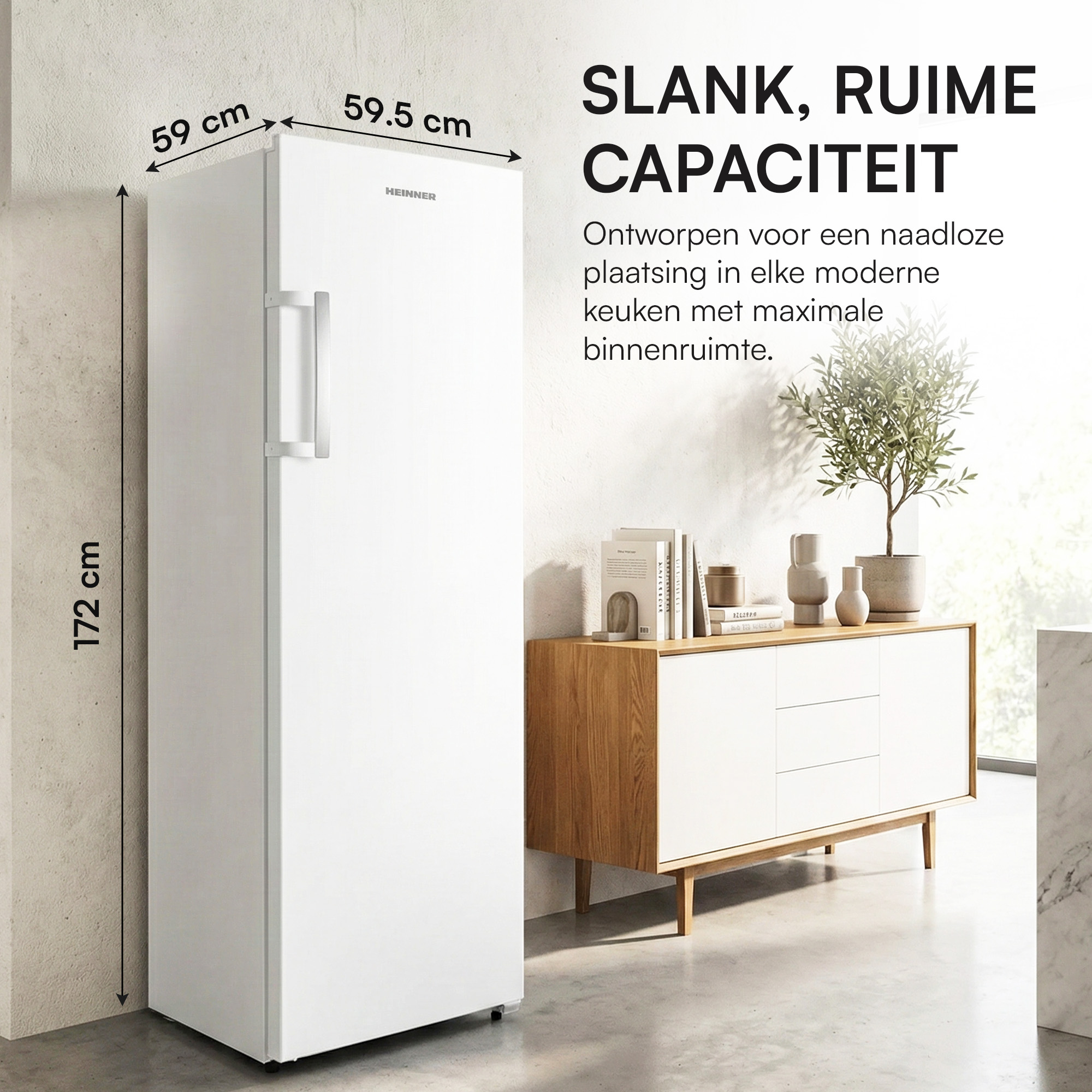 White refrigerator, 172x59x59.5 cm, with silver handle, next to a cabinet.