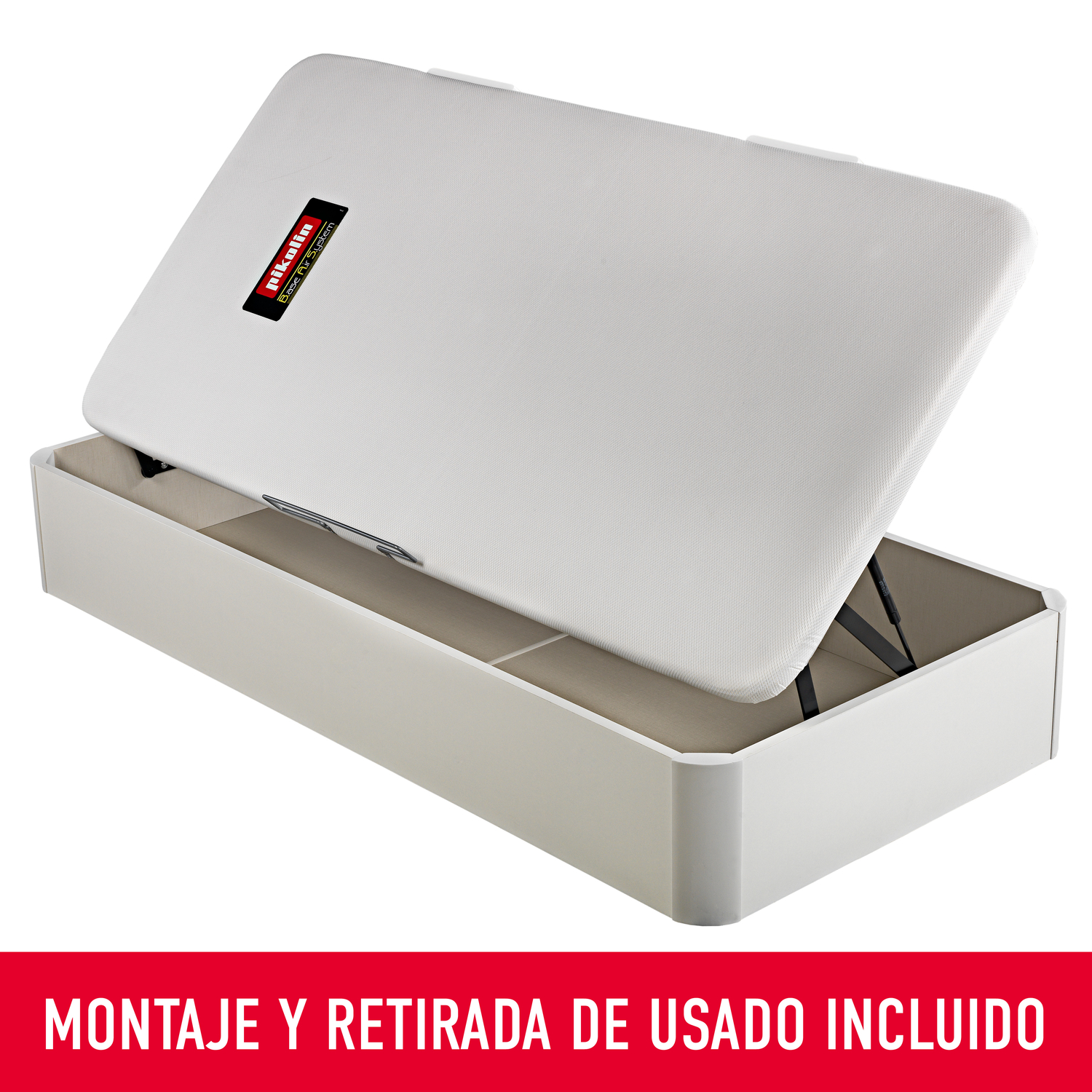 Base de cama blanca con tapa abierta que muestra espacio de almacenamiento.