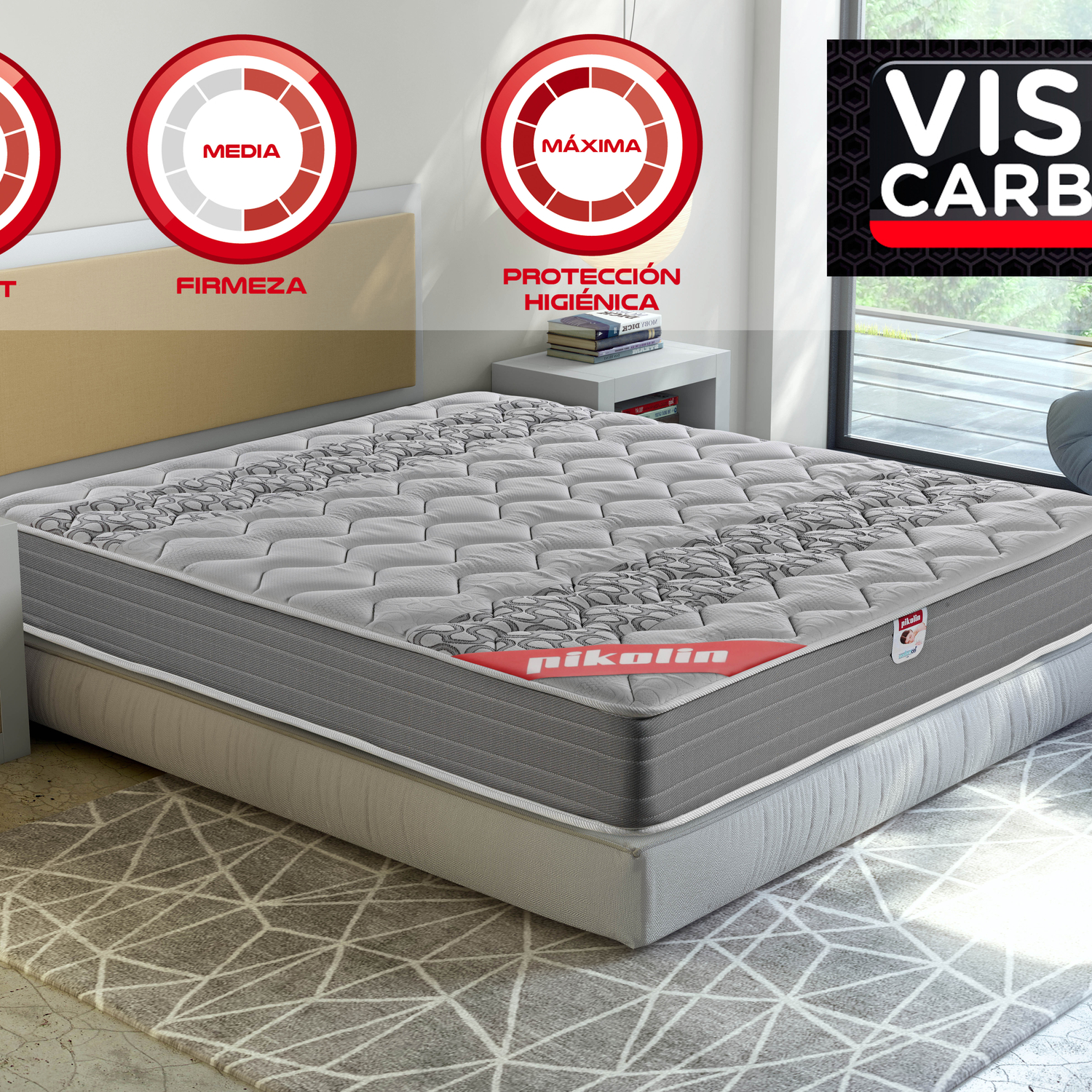 Un dormitorio moderno con una cama Pikolin y una alfombra geométrica.