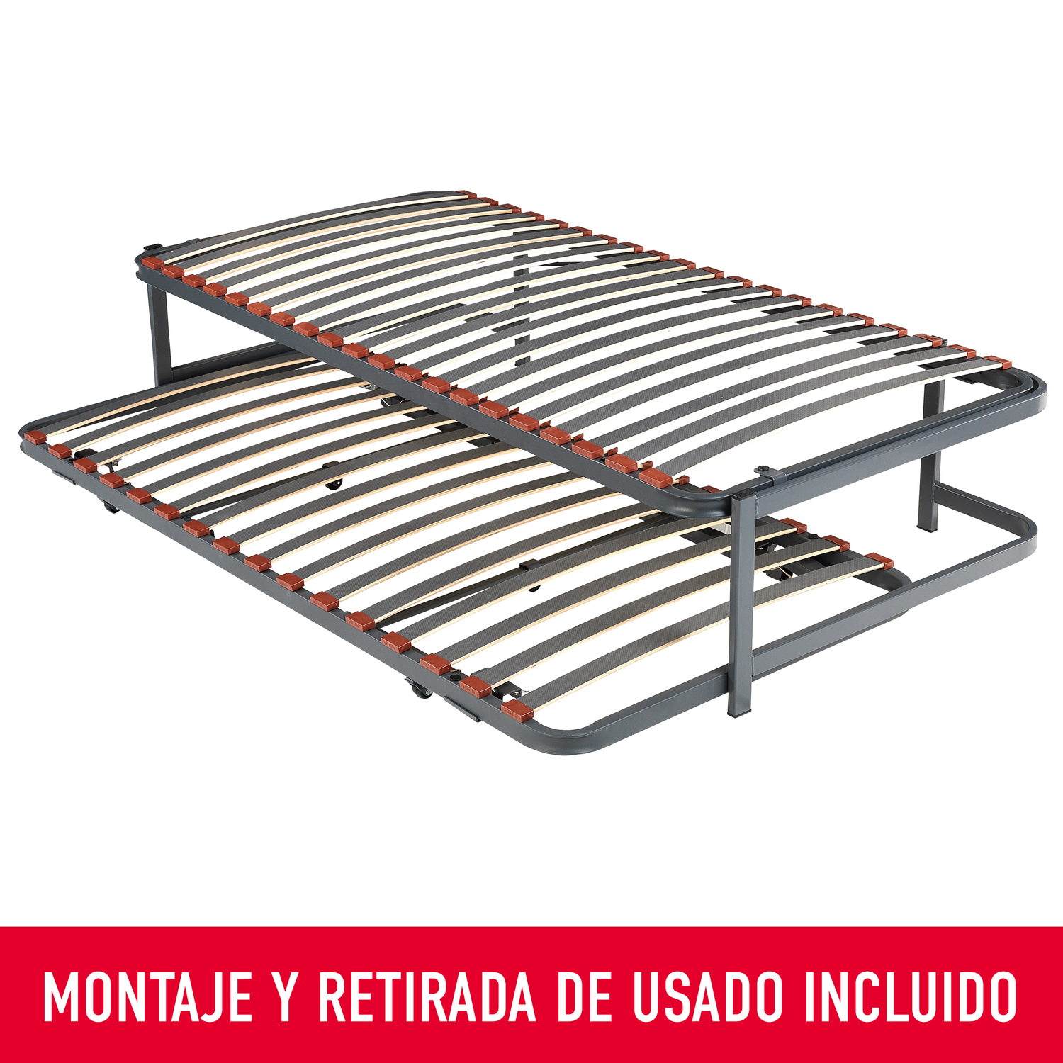 Dos somieres metálicos con lamas, apilados uno encima del otro.