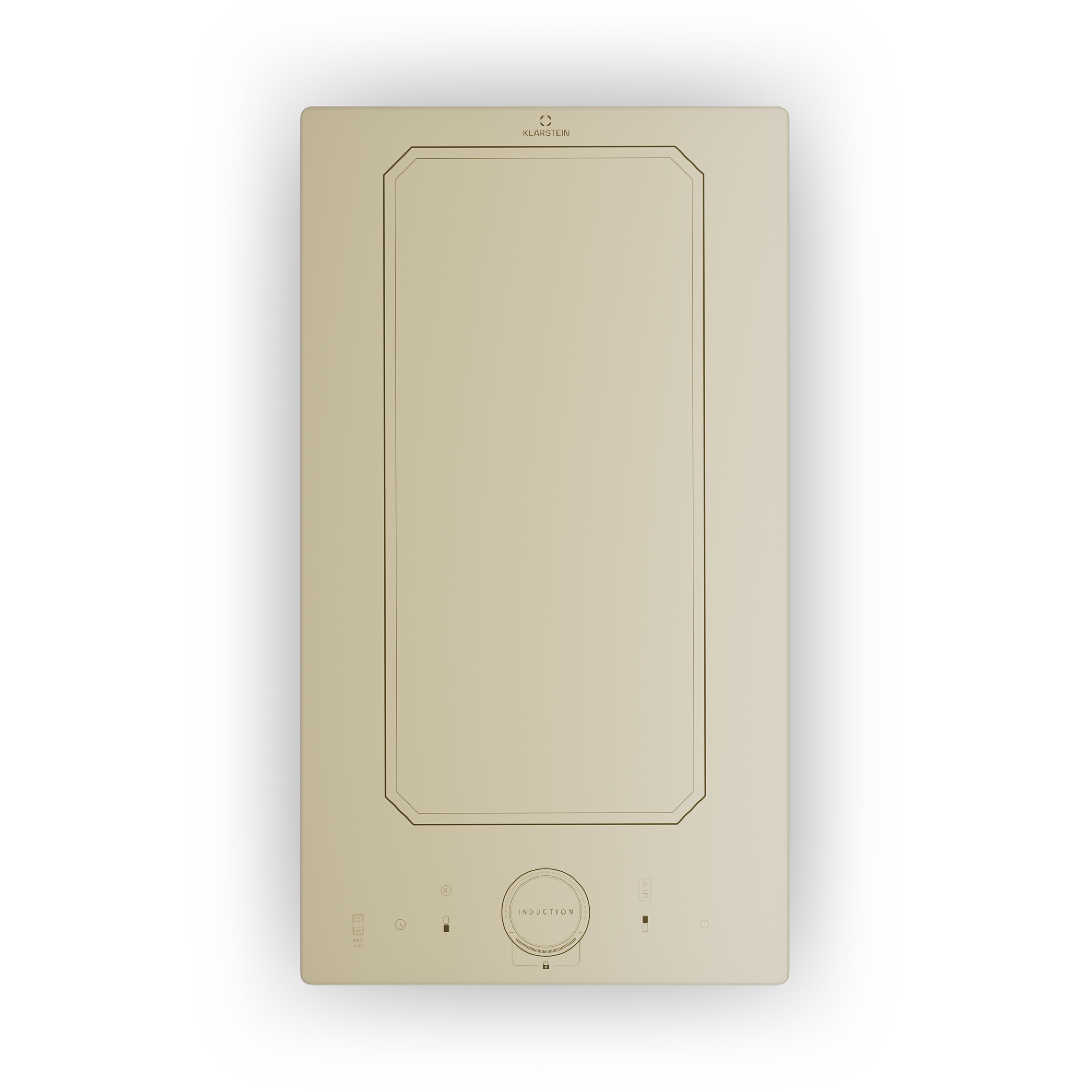 Eine beige Induktionskochplatte mit silbernen Bedienelementen und Markierungen.