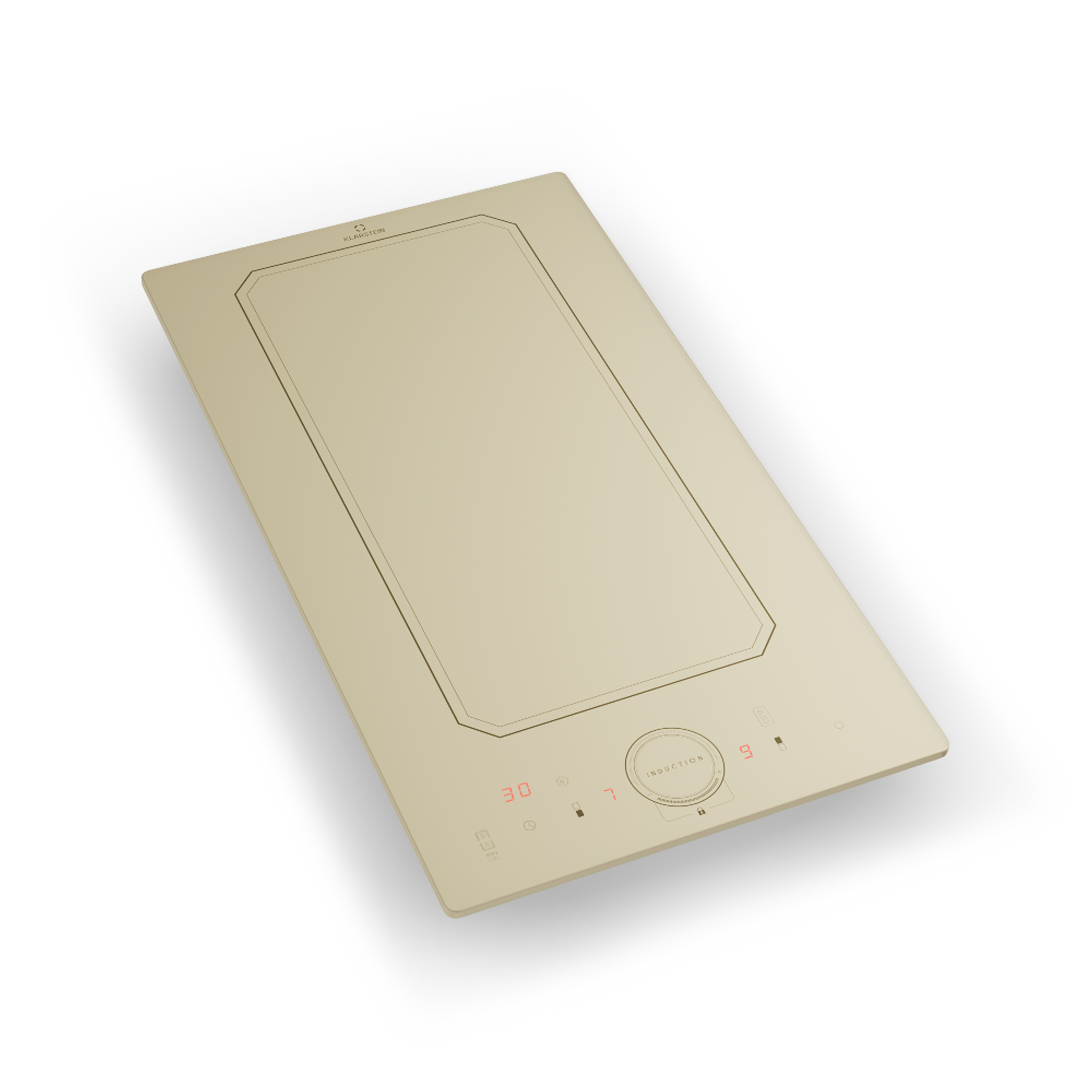 Eine beige Induktionskochplatte mit digitaler Anzeige und Bedienelementen.