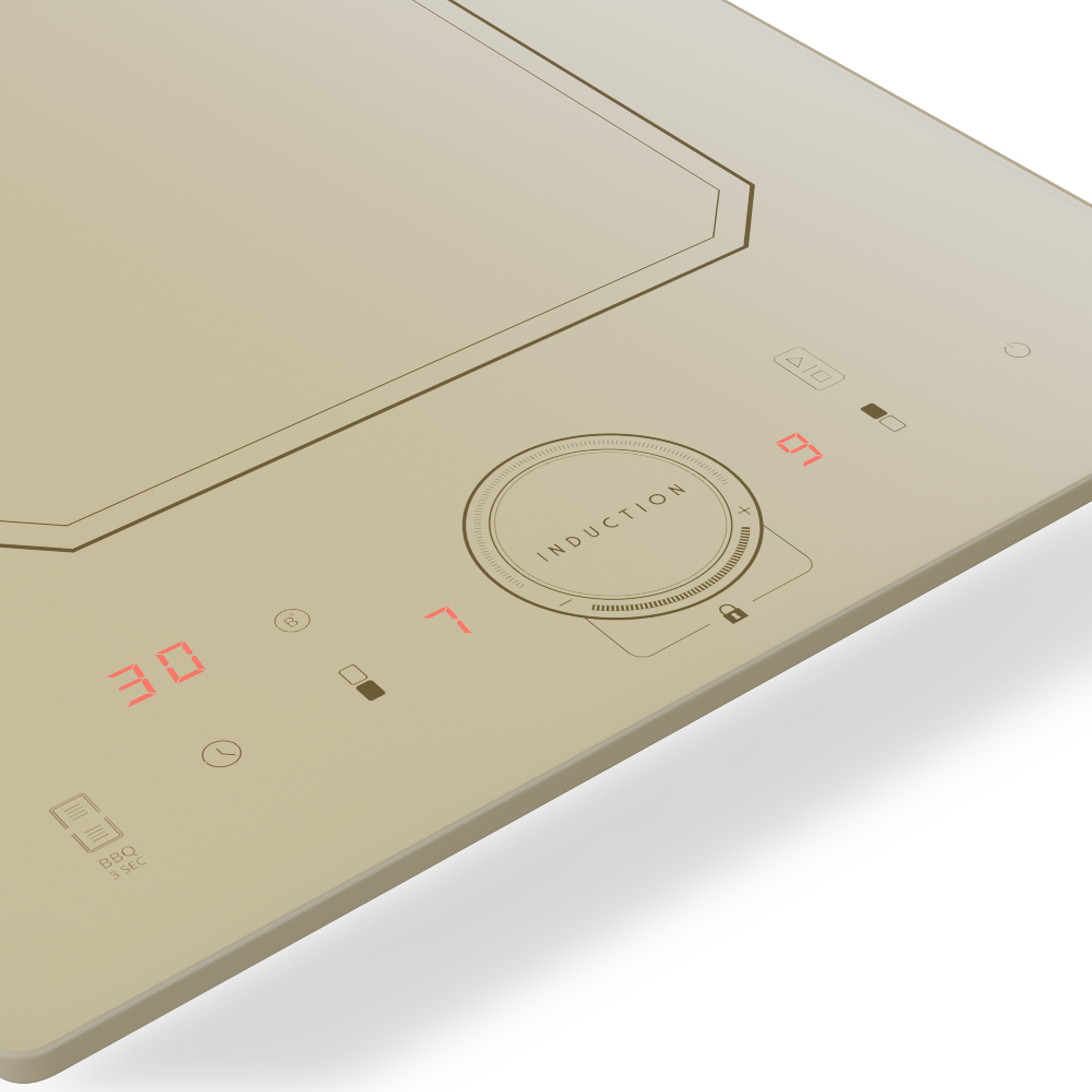 Ein beige Induktionskochfeld mit roten Digitalanzeigen für 30 und 07.