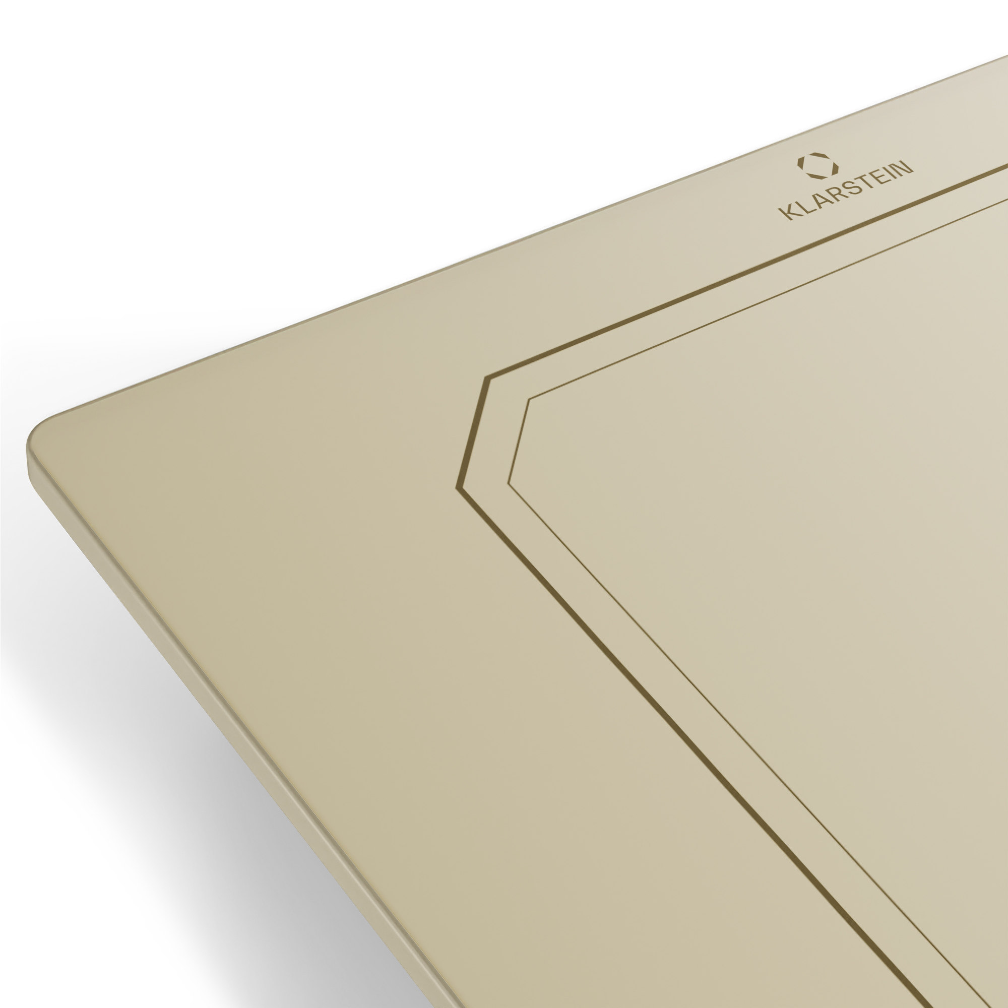 Eine beige Oberfläche mit dezenten Linien und dem Klarstein-Logo.