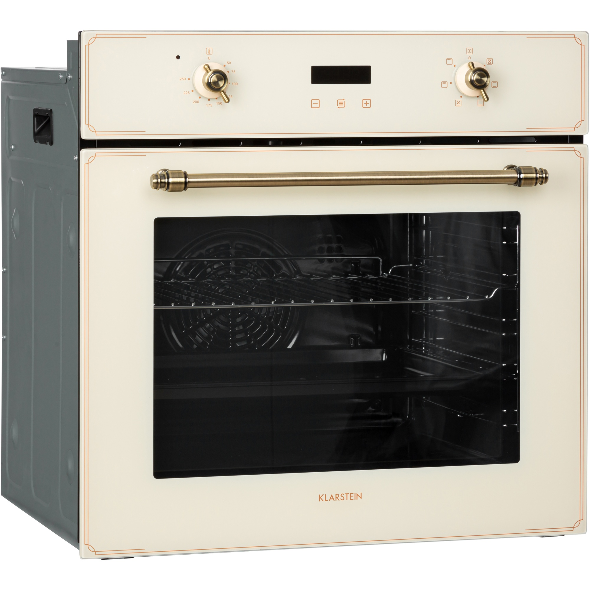 Ein cremefarbener Einbaubackofen mit Metallgriff und digitalem Display.