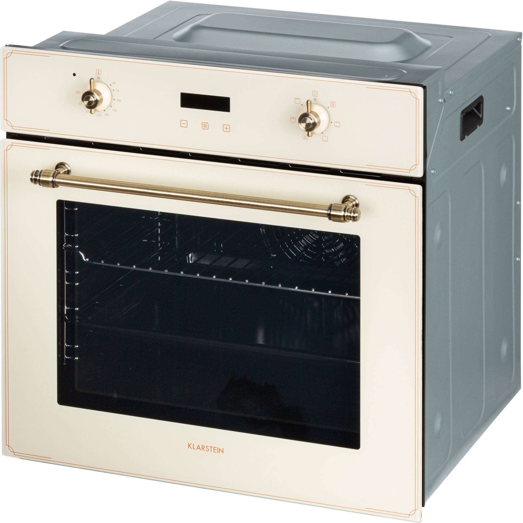 Ein cremefarbener Einbaubackofen mit silbernem Metallgehäuse und goldfarbenem Griff.