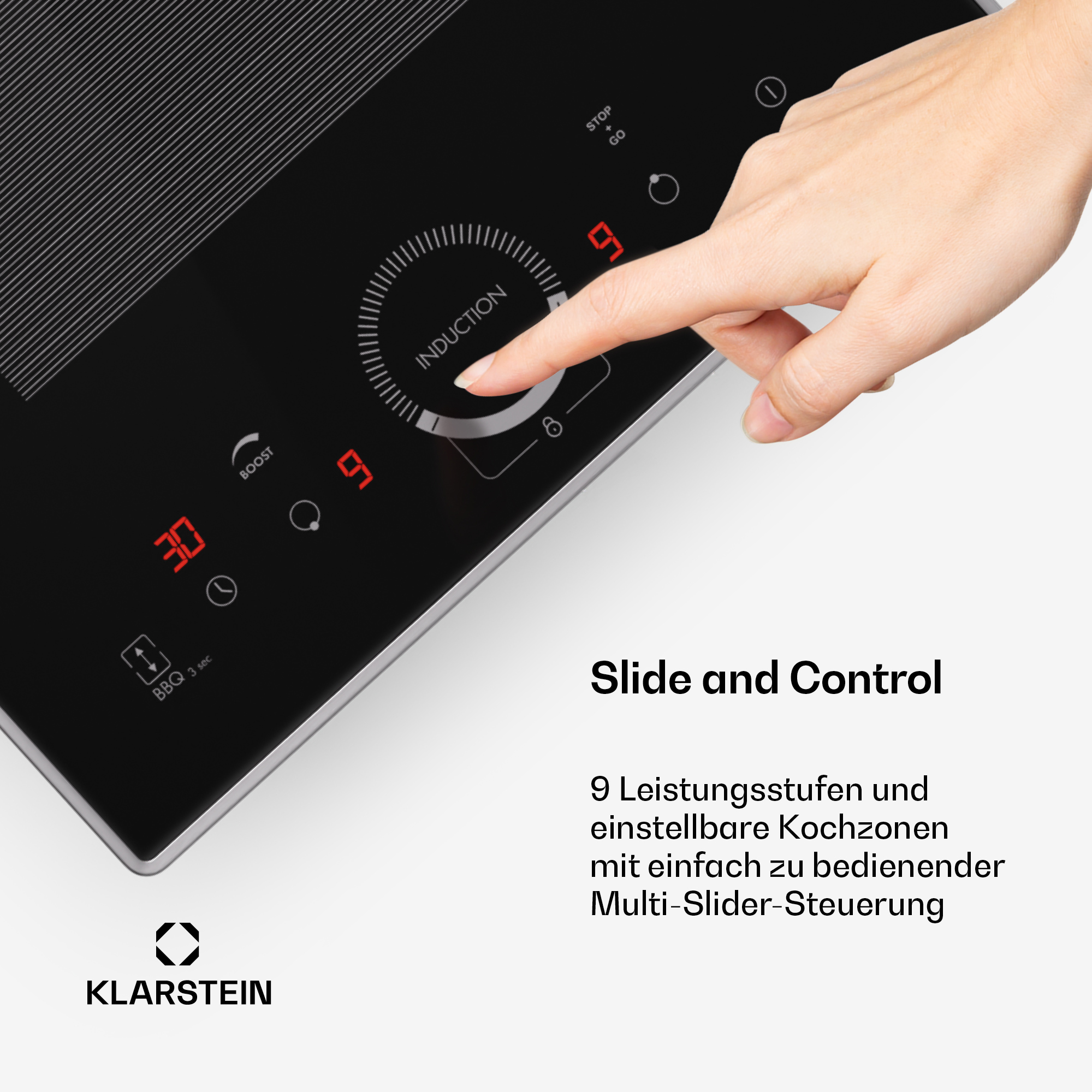 Una mano opera una placa de inducción con control deslizante, mostrando nivel 9.