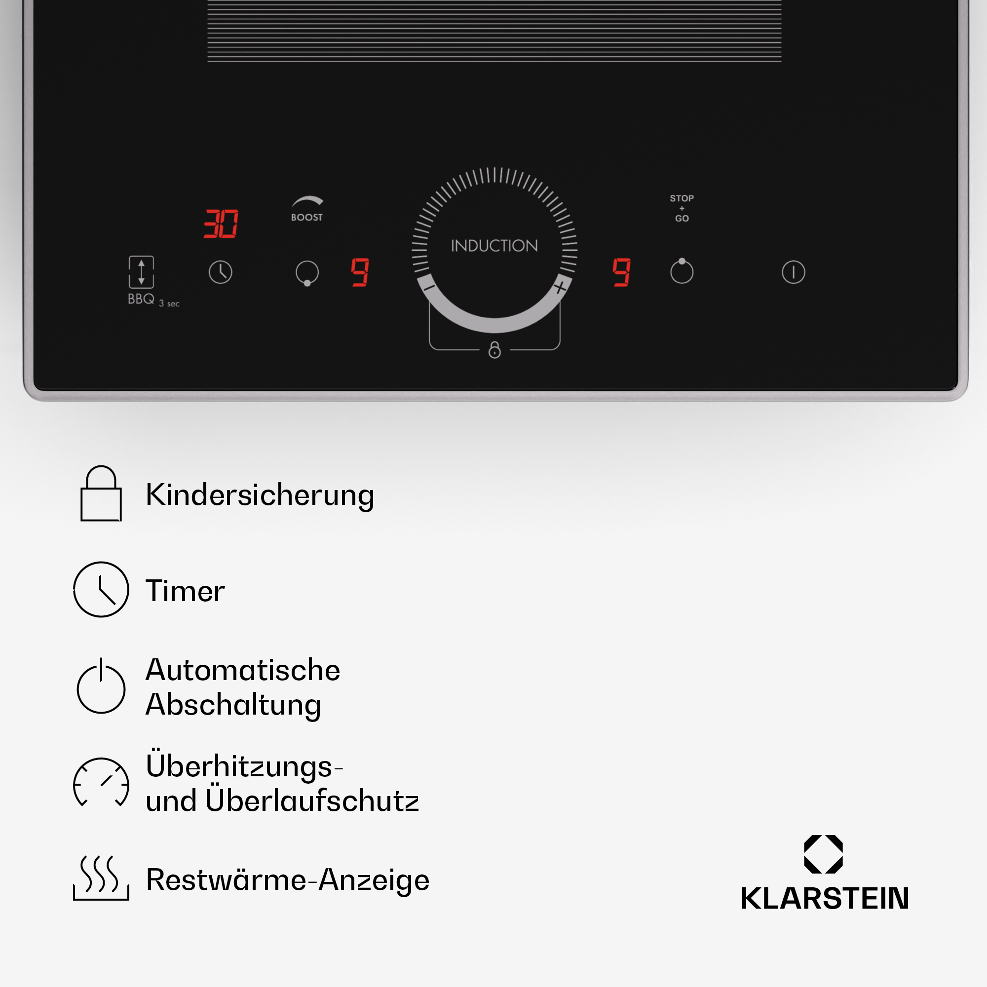 Panel de control de una placa de inducción con dígitos y símbolos rojos.