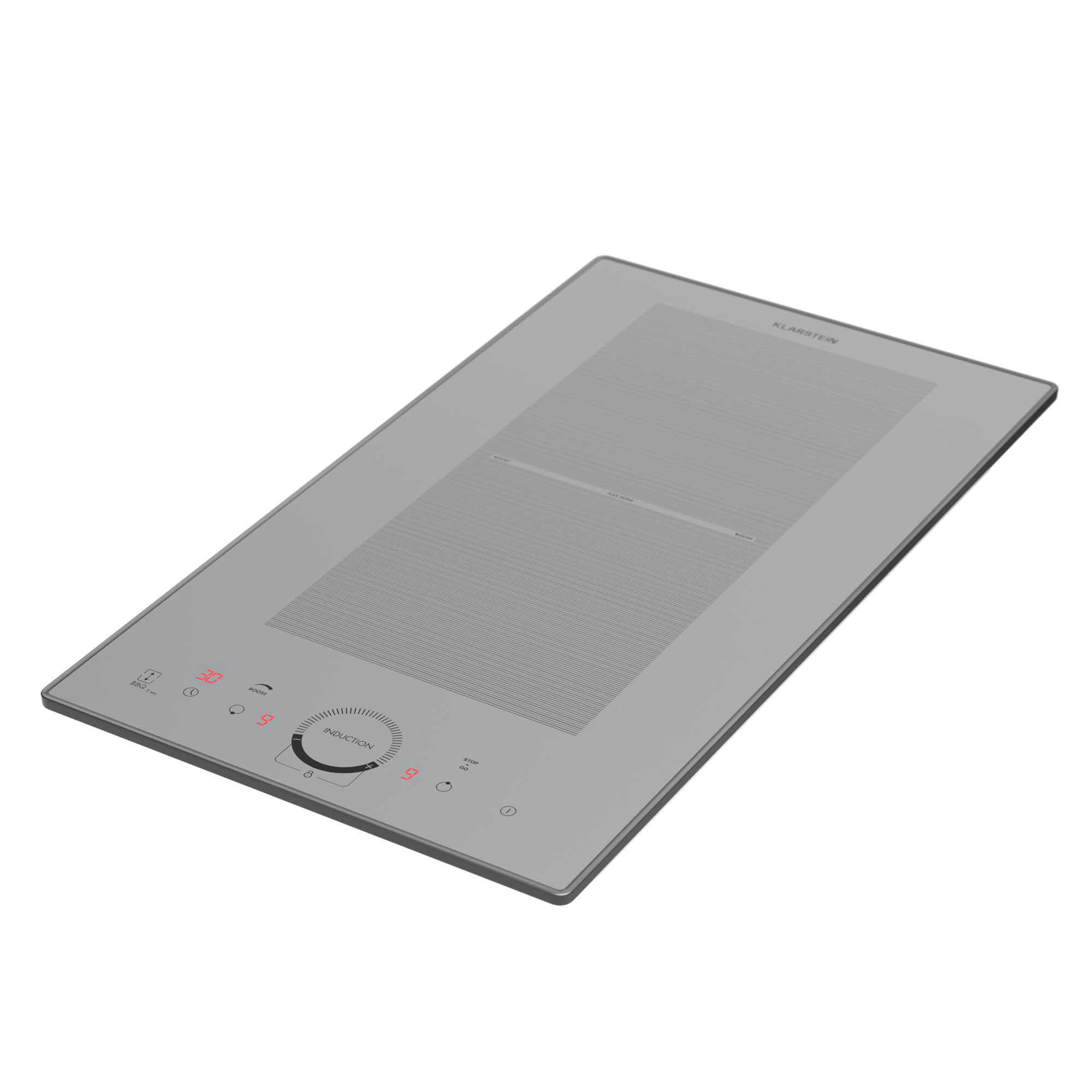 Graue Induktionskochplatte mit Touchscreen-Bedienelementen und digitaler Anzeige.
