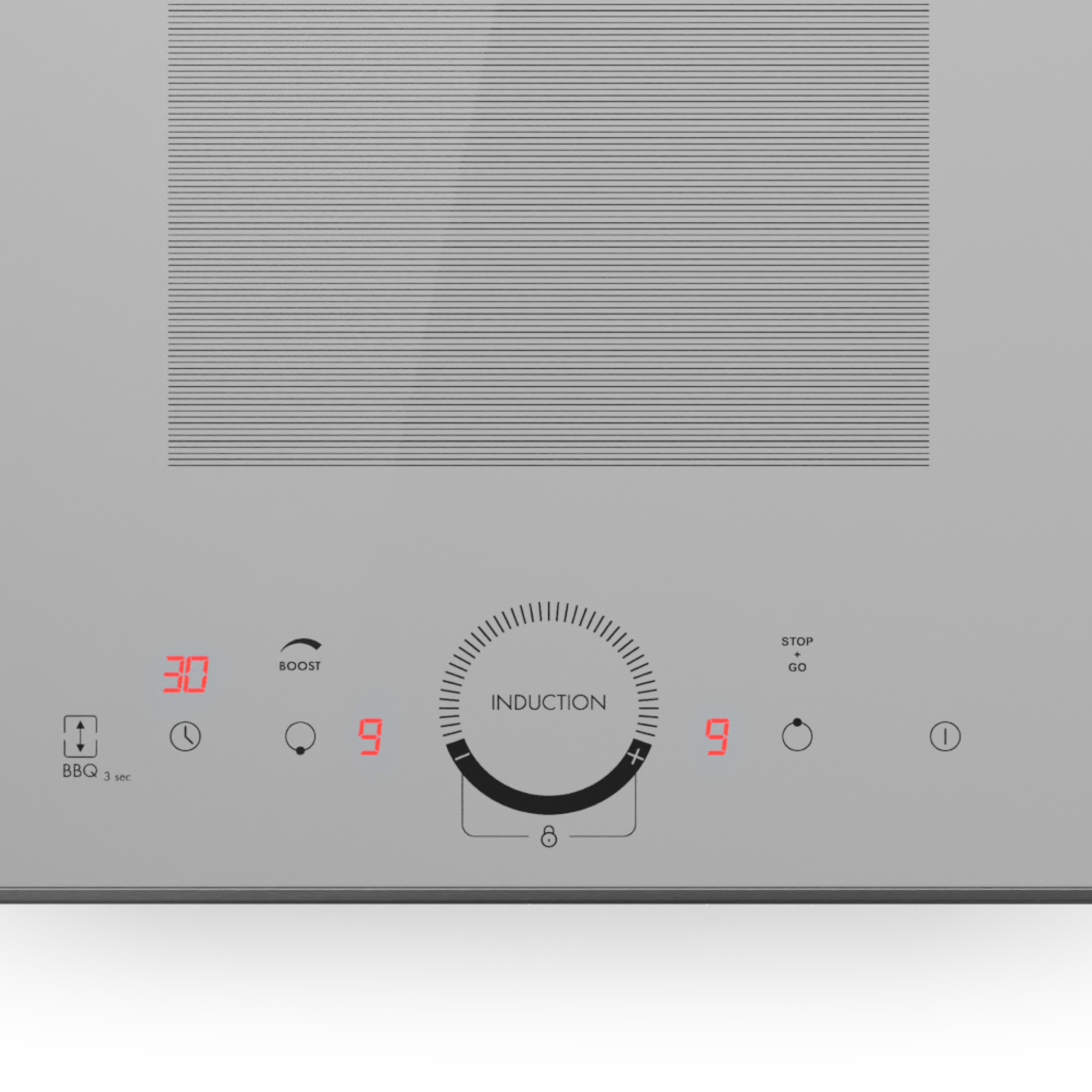 Ein Induktionskochfeld mit digitalen Anzeigen für Timer, Leistung und Boost-Funktion.