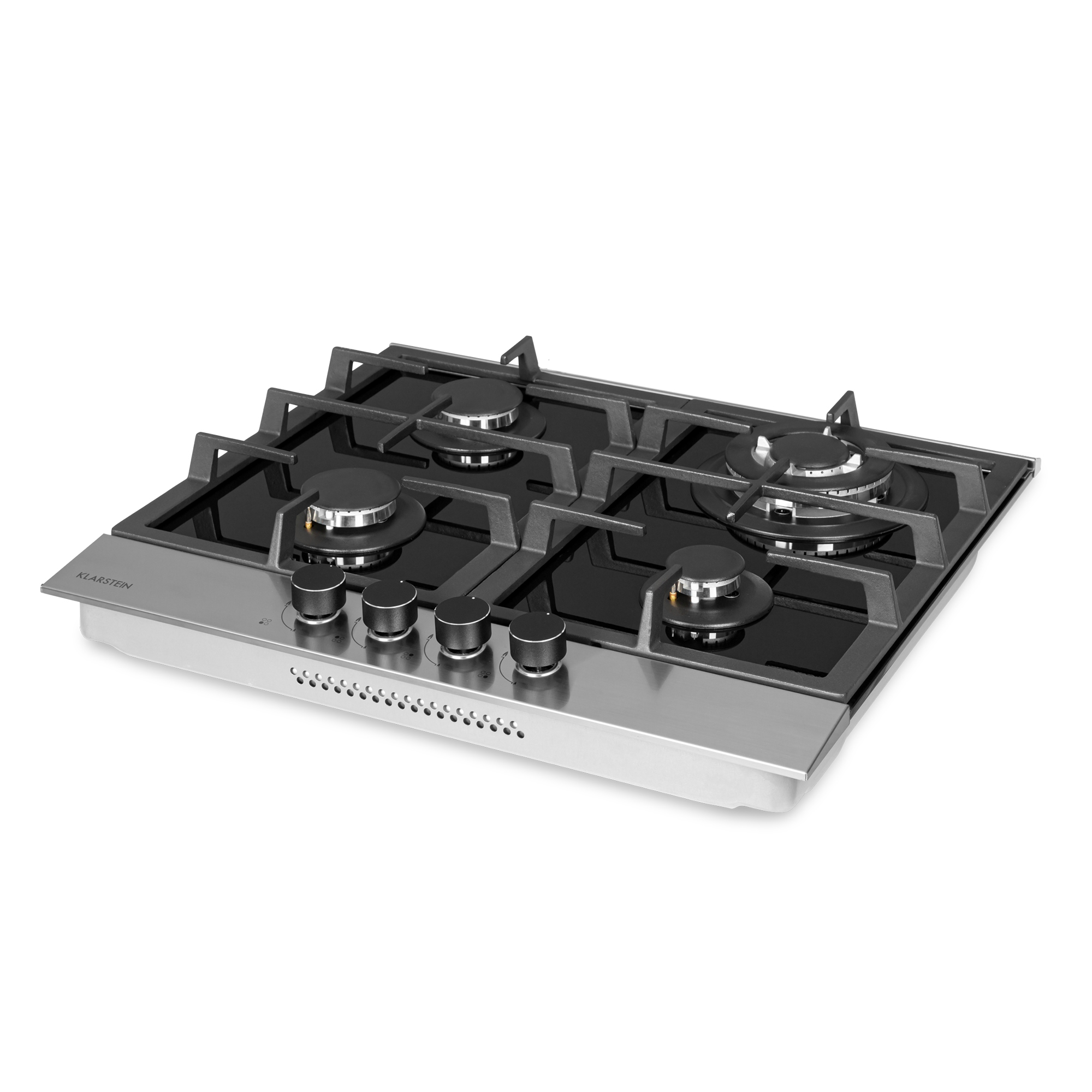 Una placa de gas de acero inoxidable con cuatro quemadores y superficie de cristal negro.