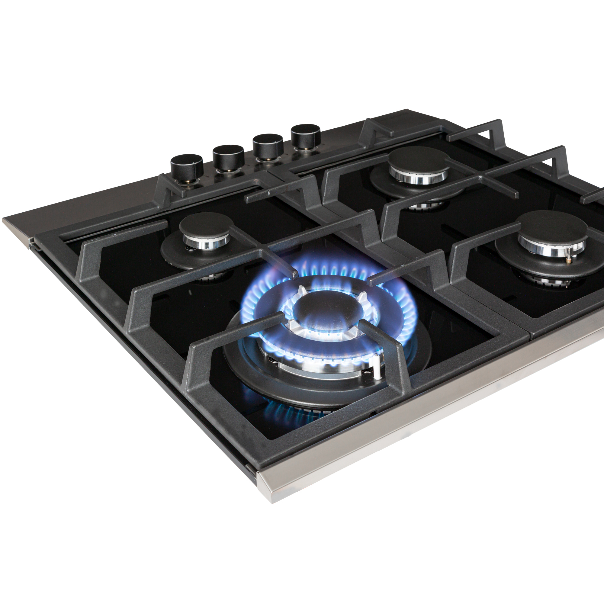Una estufa de gas de cuatro quemadores, uno encendido con llama azul.