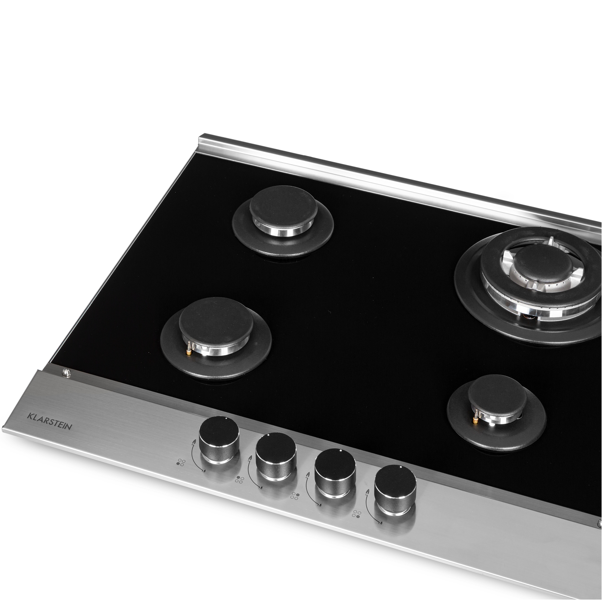 Elegante placa de gas con superficie de cristal negro, cuatro quemadores y panel de control.