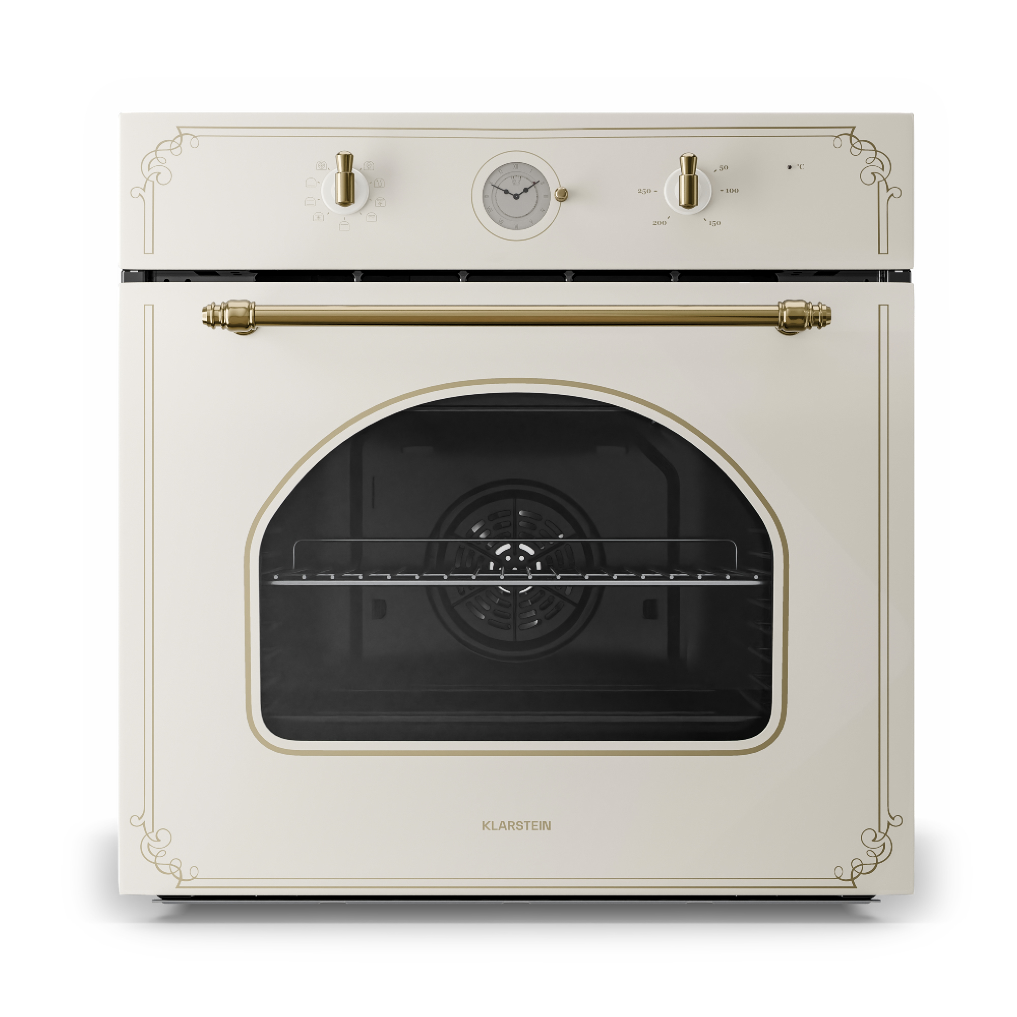Un horno empotrado color crema con detalles dorados, reloj y asa.