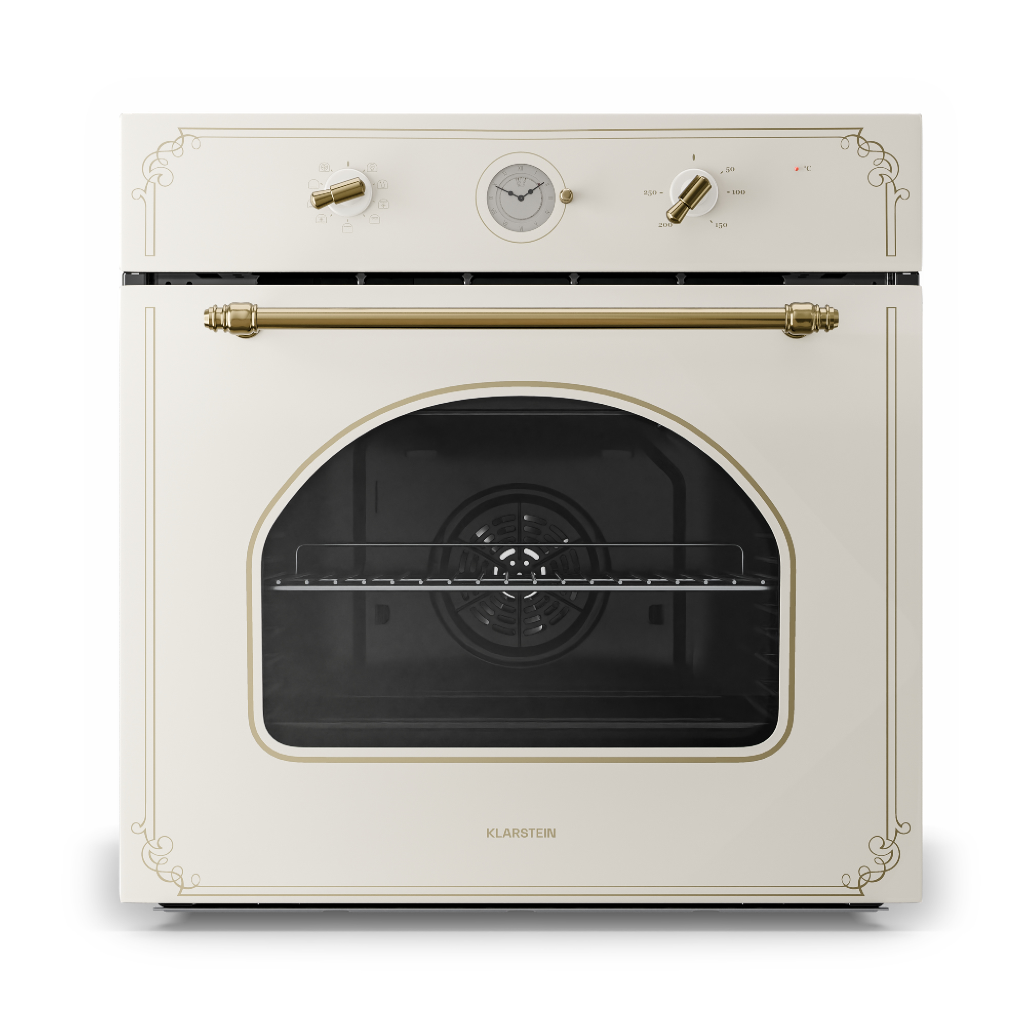 Un horno retro color crema con detalles dorados y un reloj.