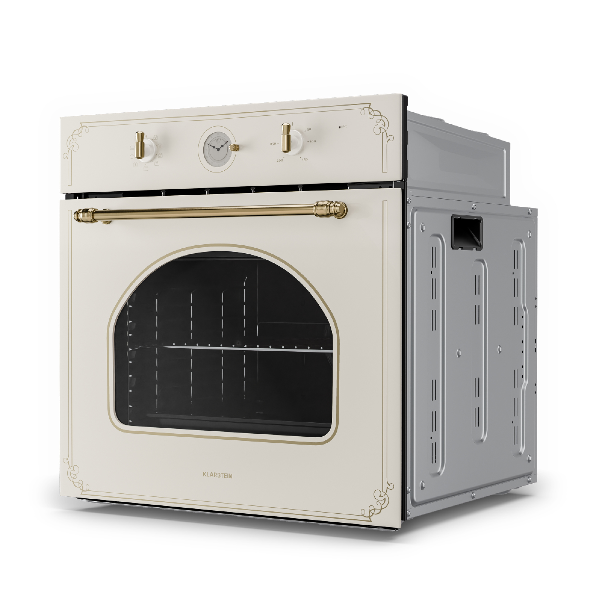 Un horno empotrado color crema con detalles dorados y una ventana de visualización.
