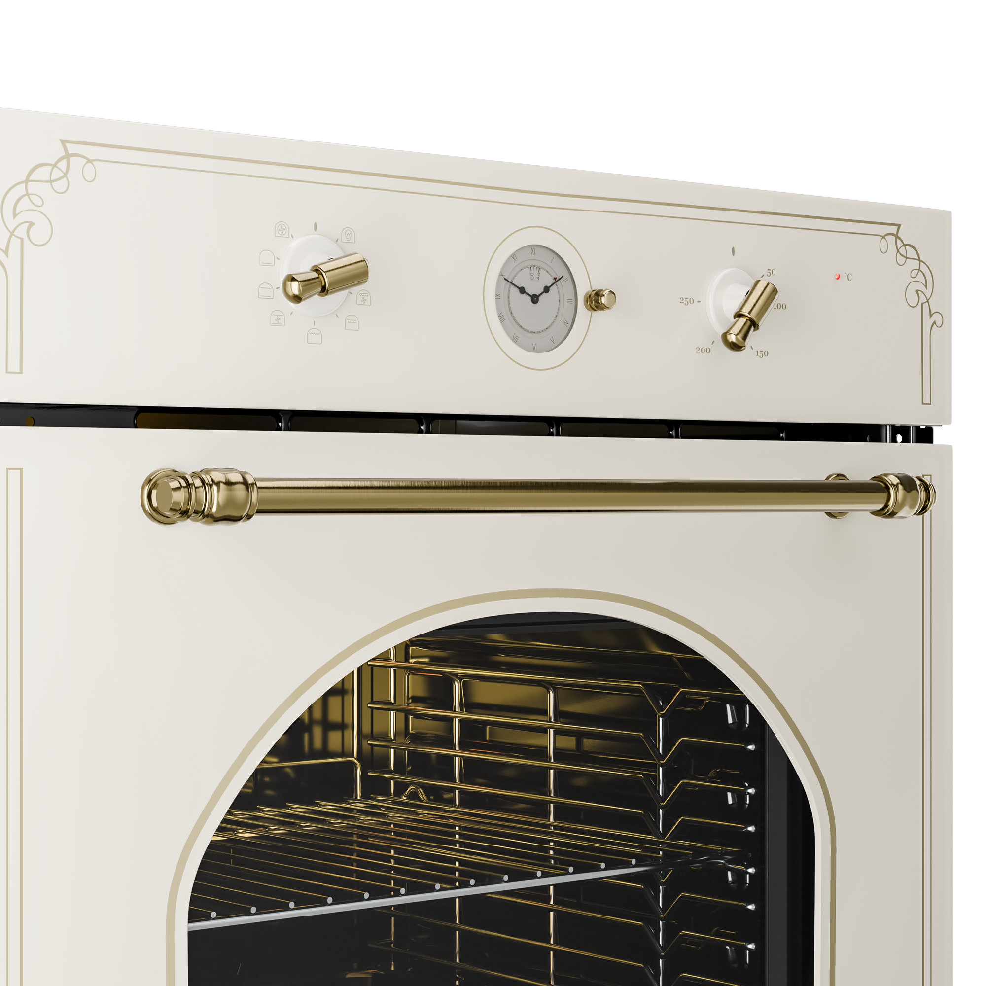Un horno color crema con detalles dorados, reloj y controles.