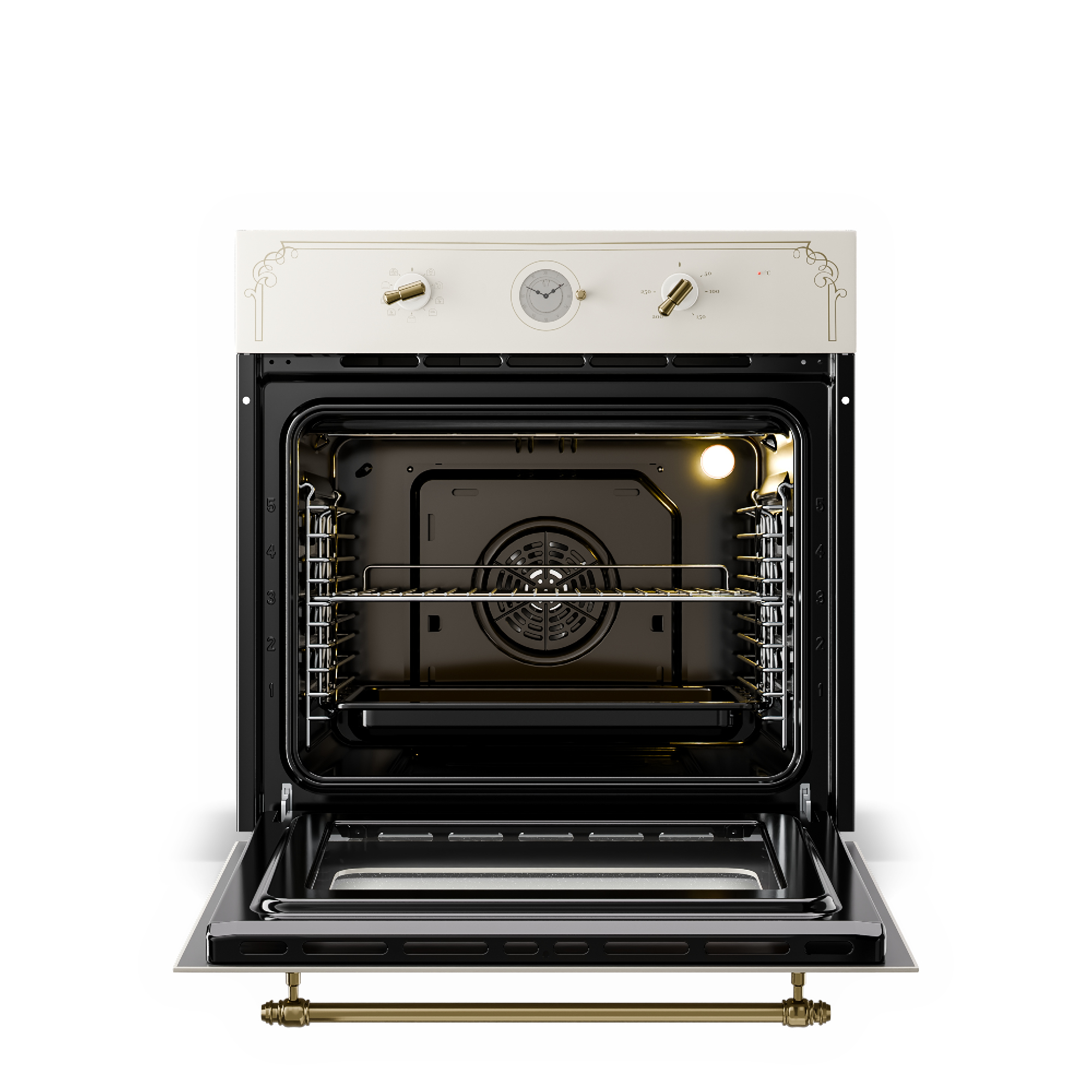 Un horno abierto de color crema con detalles dorados y una rejilla dentro.