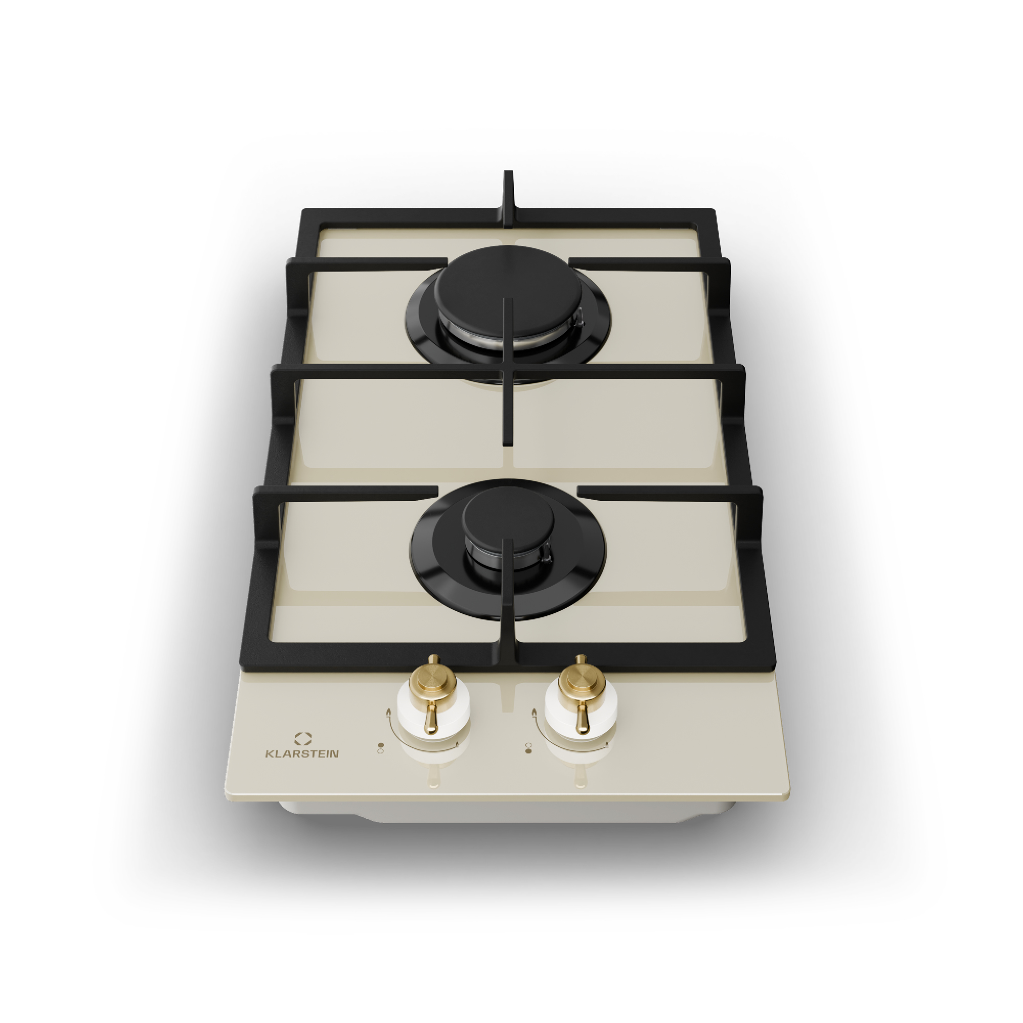 Zwei-Flammen-Gasherd mit cremefarbener Oberfläche und schwarzen Brennern.