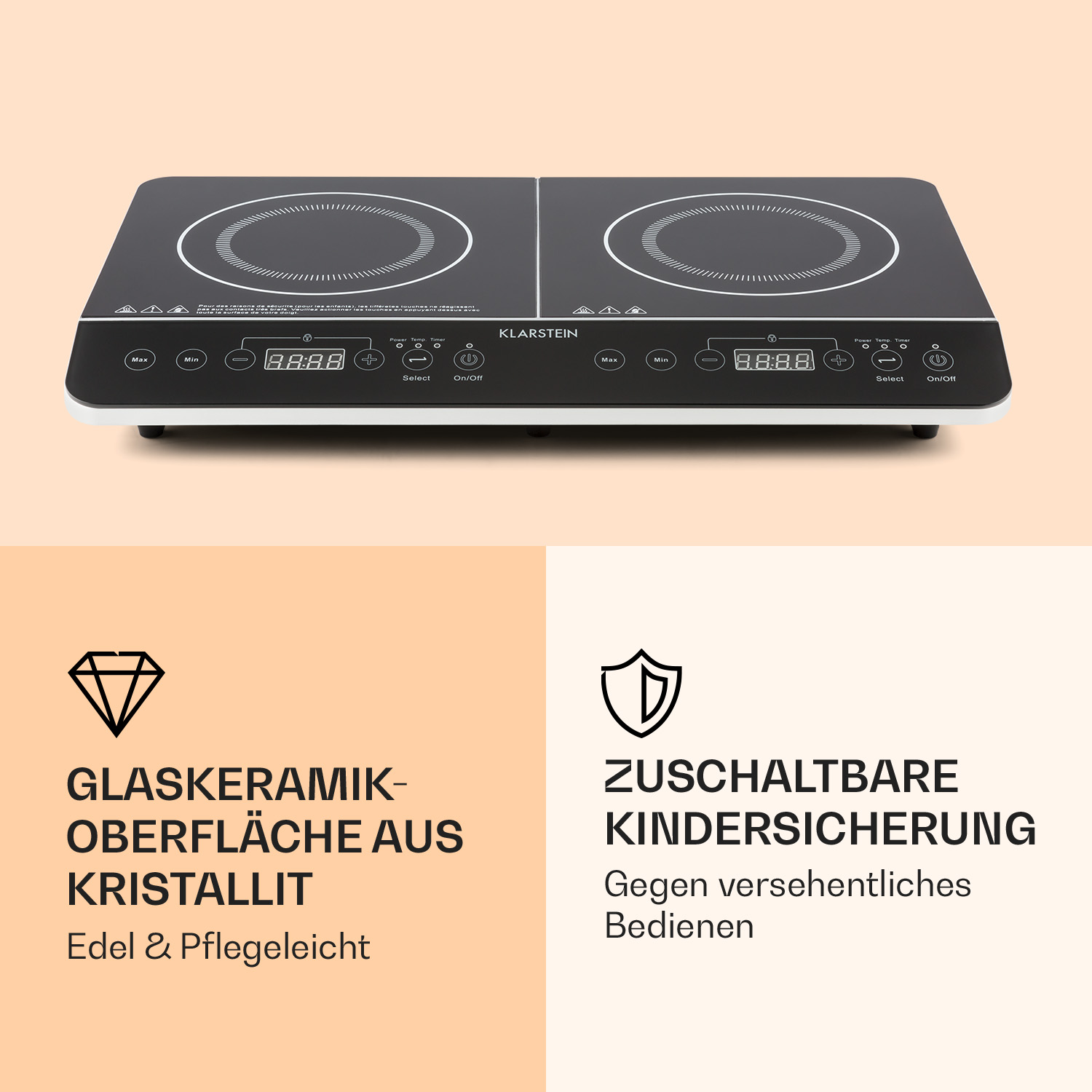 Doppelkochplatte mit digitaler Anzeige und Bedienelementen.