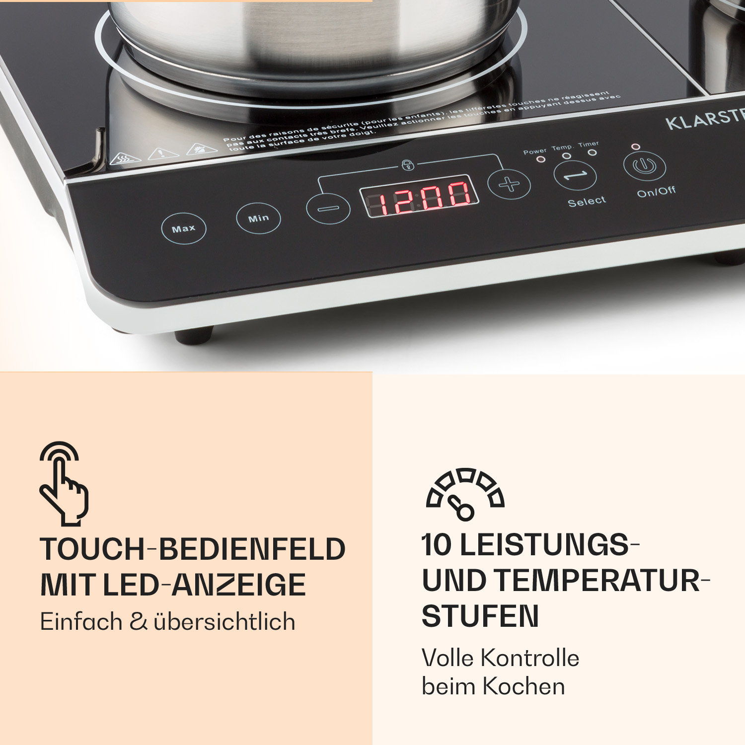 Induktionskochfeld mit Touch-Bedienfeld und 10 Stufen. LED-Anzeige zeigt 1200.