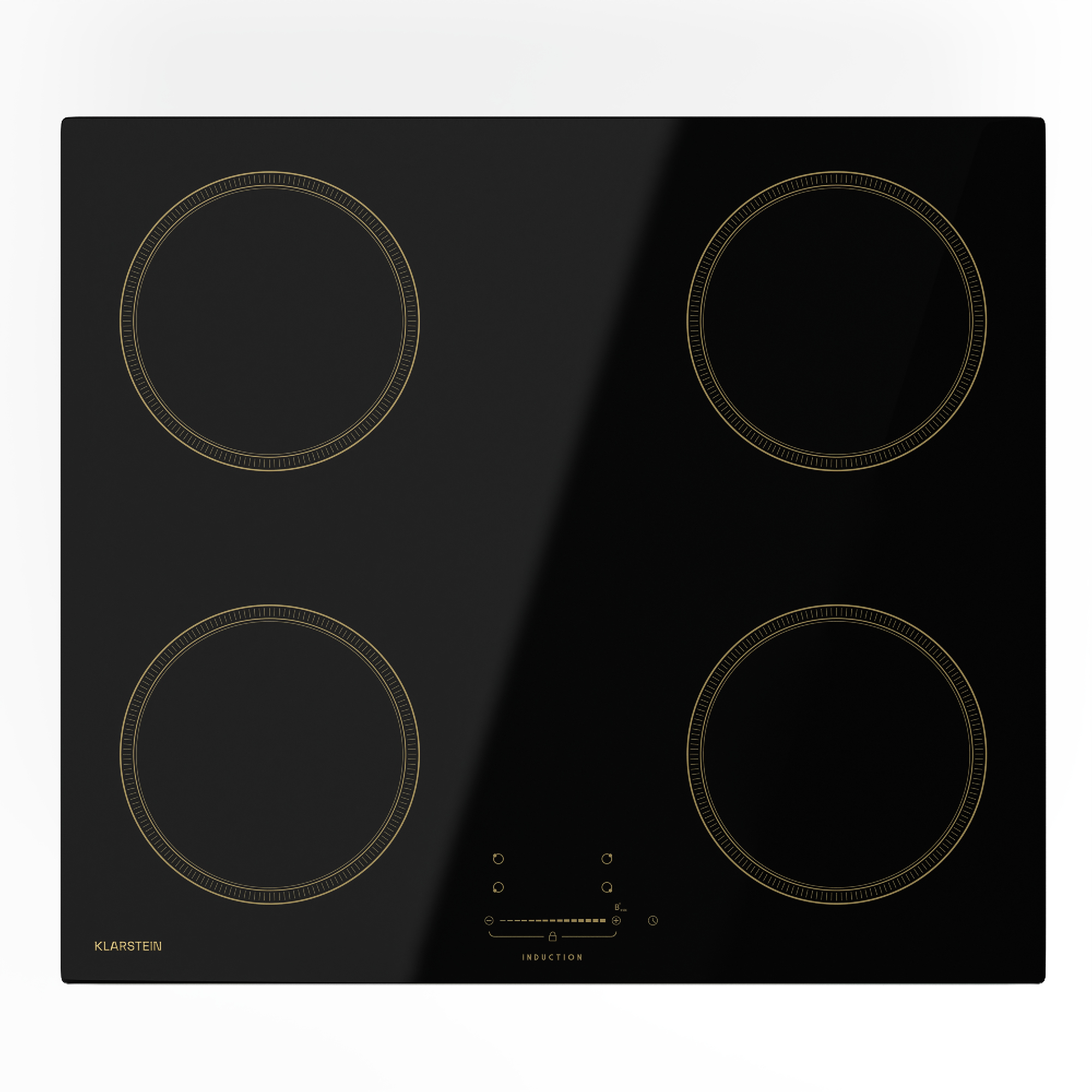 Placa de inducción negra con cuatro zonas de cocción y panel táctil.