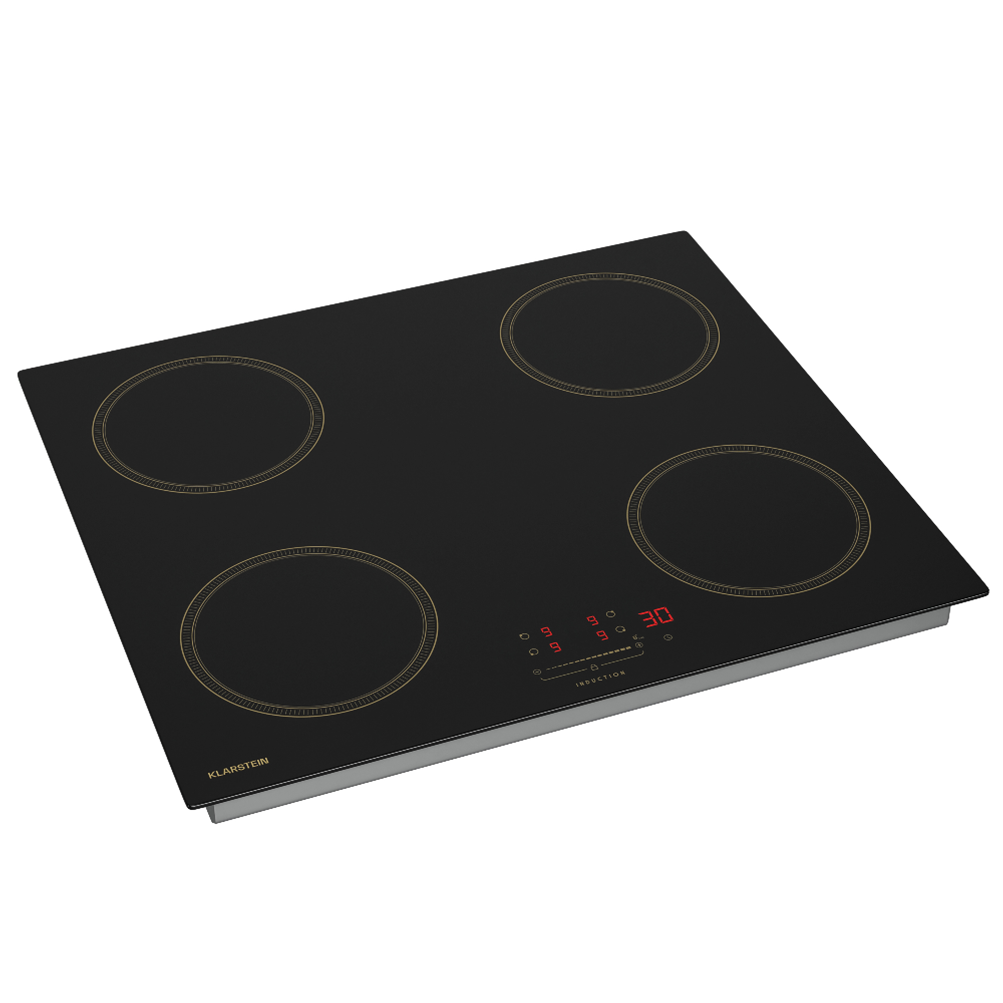 Placa de inducción negra con cuatro zonas de cocción y pantalla digital.