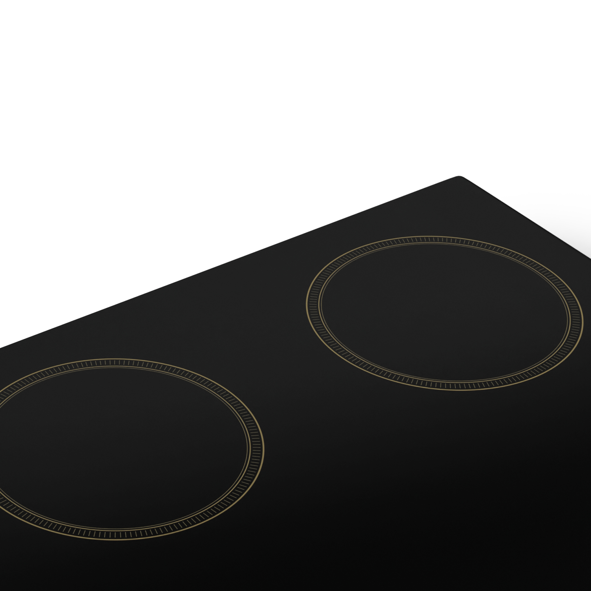 Placa de cocina negra con dos zonas de calentamiento circulares y borde dorado.