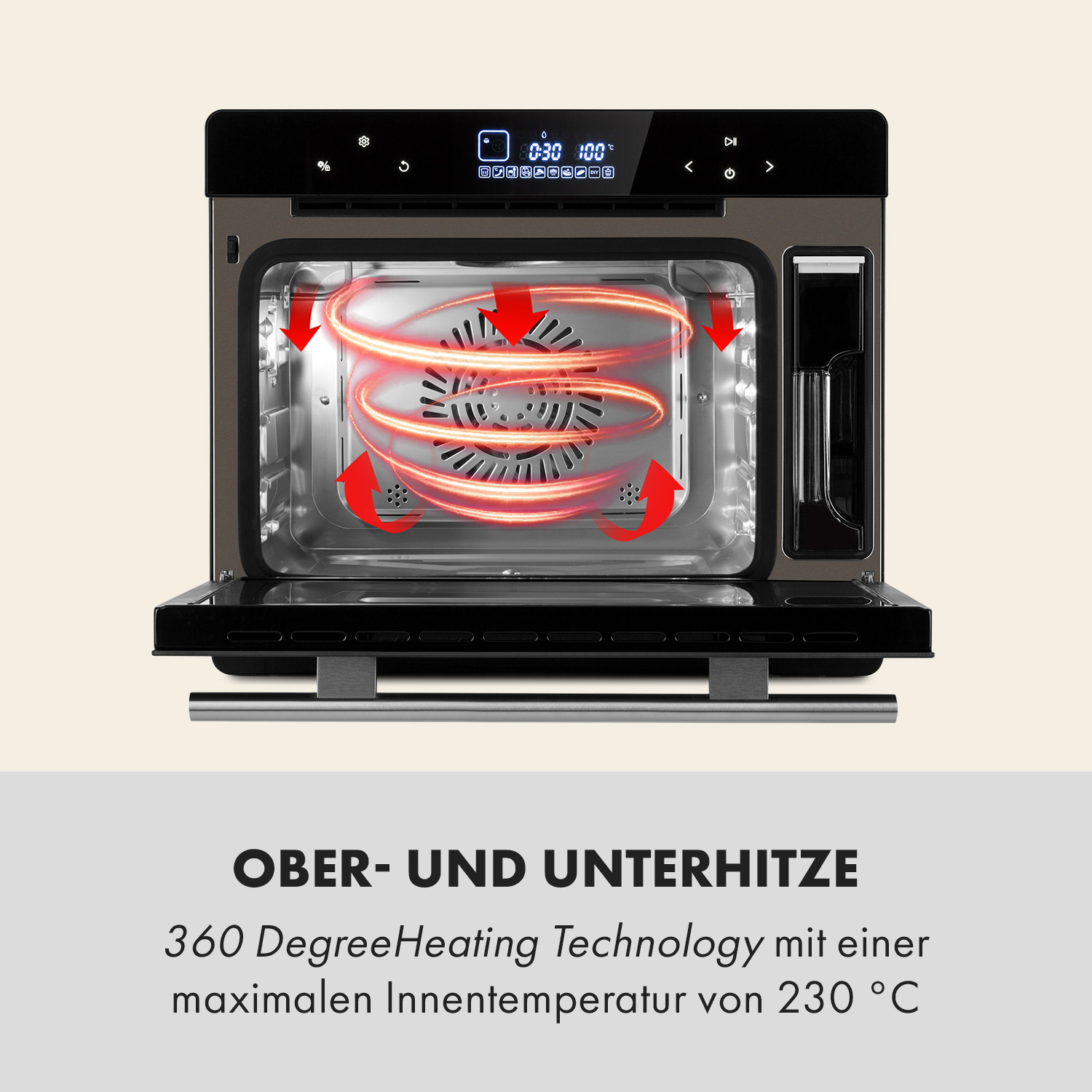 Un horno abierto que muestra tecnología de calentamiento 360° con flujos de calor rojos.