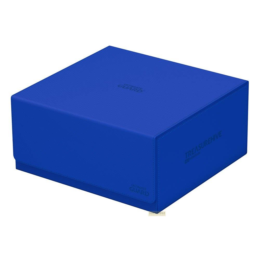 Scatola portaoggetti blu con coperchio, etichettata 'TREASUREHIVE'.