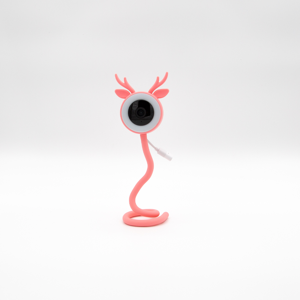Esnek boyunlu, boynuzlu, pembe renkli geyik şeklinde webcam kılıfı.