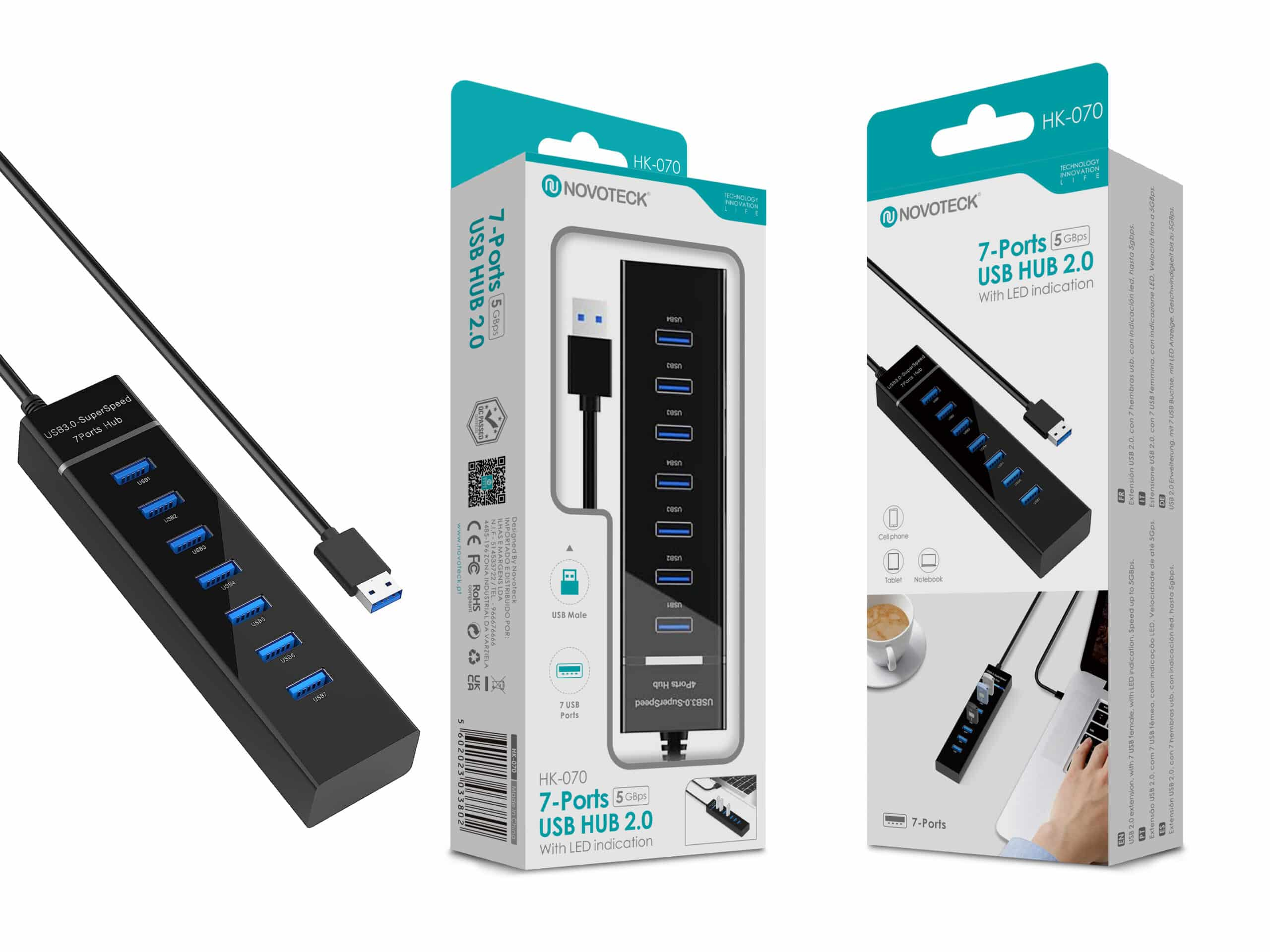 Un hub USB 2.0 negro de 7 puertos con puertos azules y cable.
