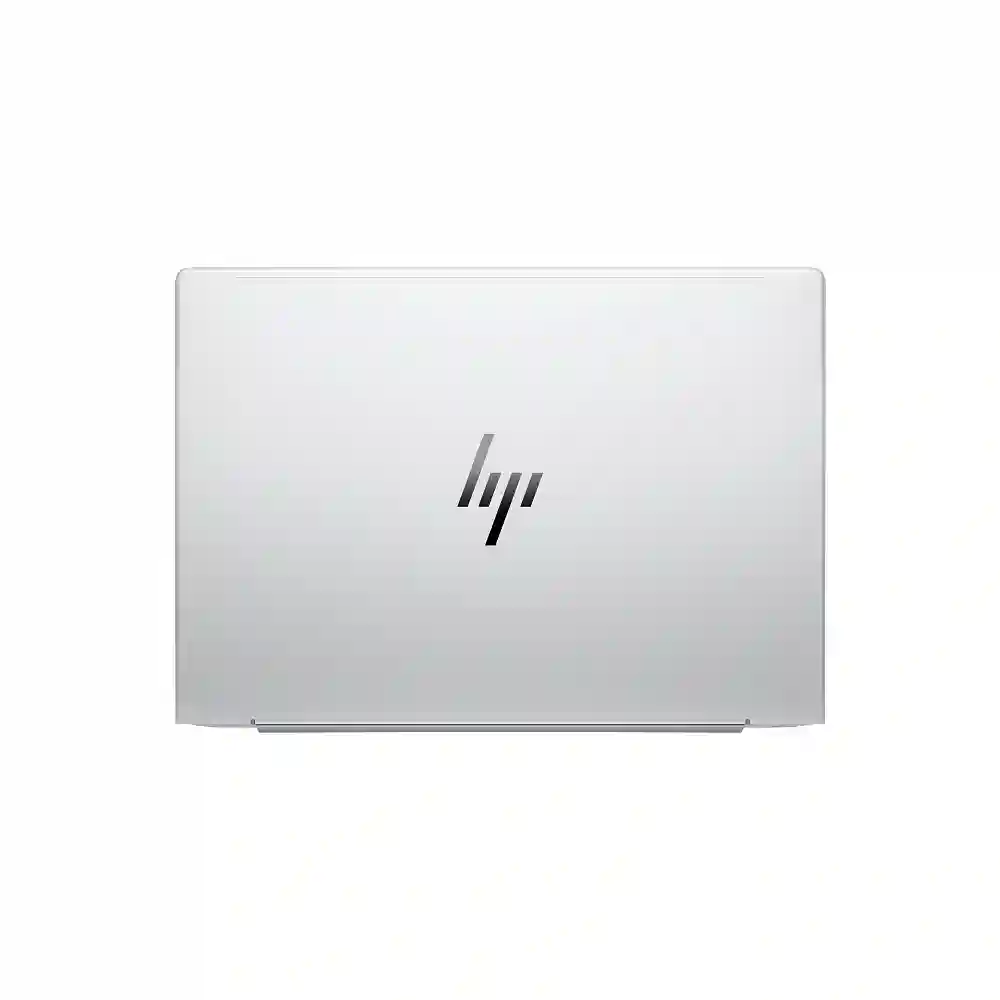 Beyaz zeminde HP logosu olan kapalı gümüş dizüstü bilgisayar.